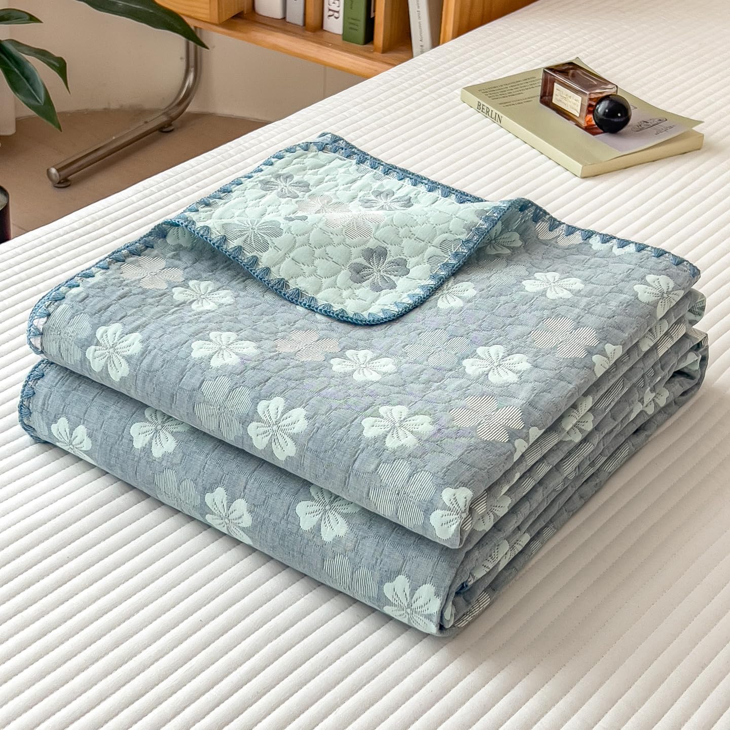 King 100% Cotton Muslin Quilted Blankets for All Season 4-Layer Gauze | Reversible Breathable Lightweight Soft Blanket for Bed Sofa Couch Cooling Blanket for Hot Sleepers, Outdoor Used, Tablecloth