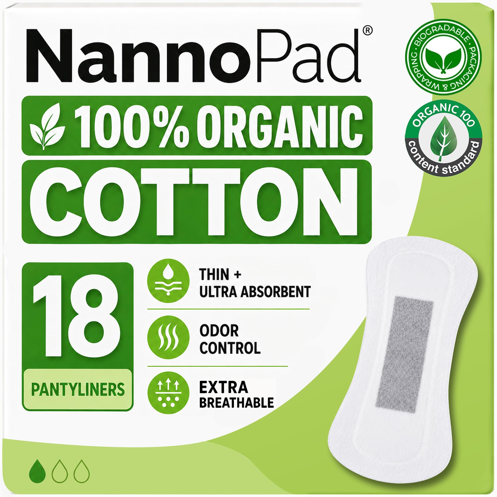 Organic Panty Liners for Women, Ultra-Thin, 18 Count