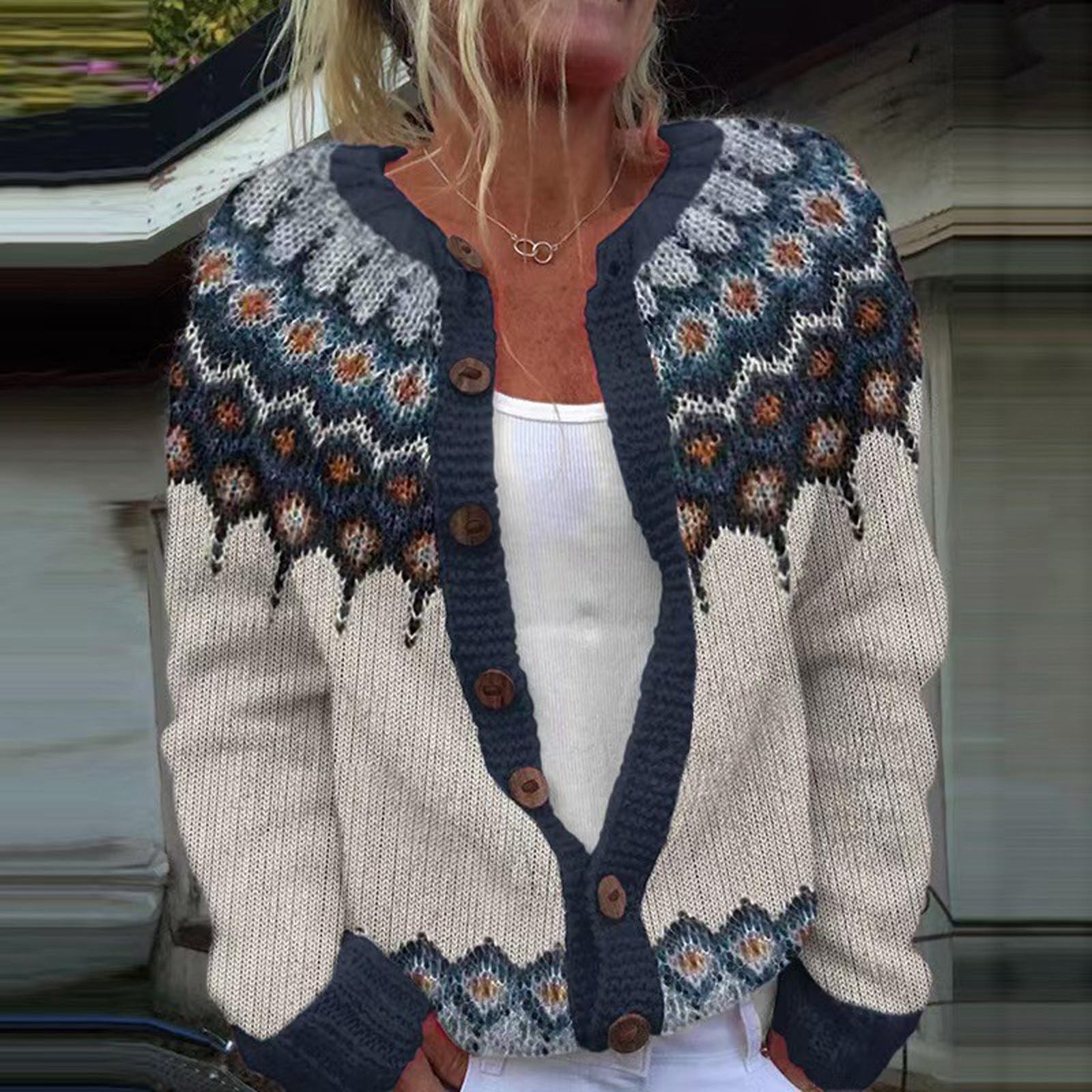 Generisch Damen Pullover Ethnisch gemusterter -Strickmantel mit Taschen langärmelig warm weich kuschelig ideal für Alltag Büro Urlaub