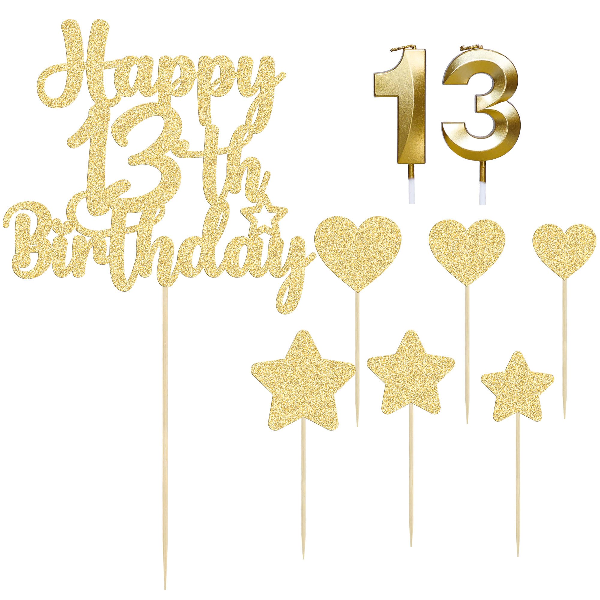 Gyufise 15Pcs Happy 13th Birthday Cake Topper Set with Heart Star Glitter Cheers to 13 Years Cake Picks Number 13 Candles Cake Decorations for Happy 13th Birthday Anniversary Party Supplies Gold - Image 3