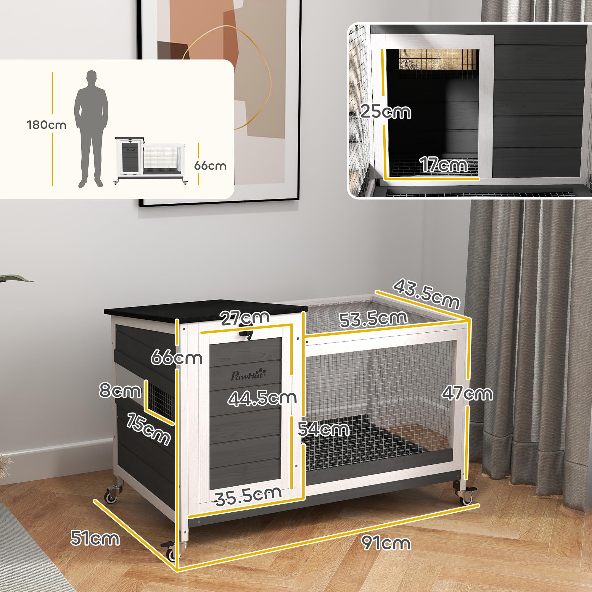 PawHut Conigliera da Esterno e Interno a Rotelle per 1-2 Conigli con Vassoio Estraibile e Ingressi Multipli, Casetta per Conigli in Legno di Abete e Acciaio, 91x51x66 cm, Grigio Bianco e Nero