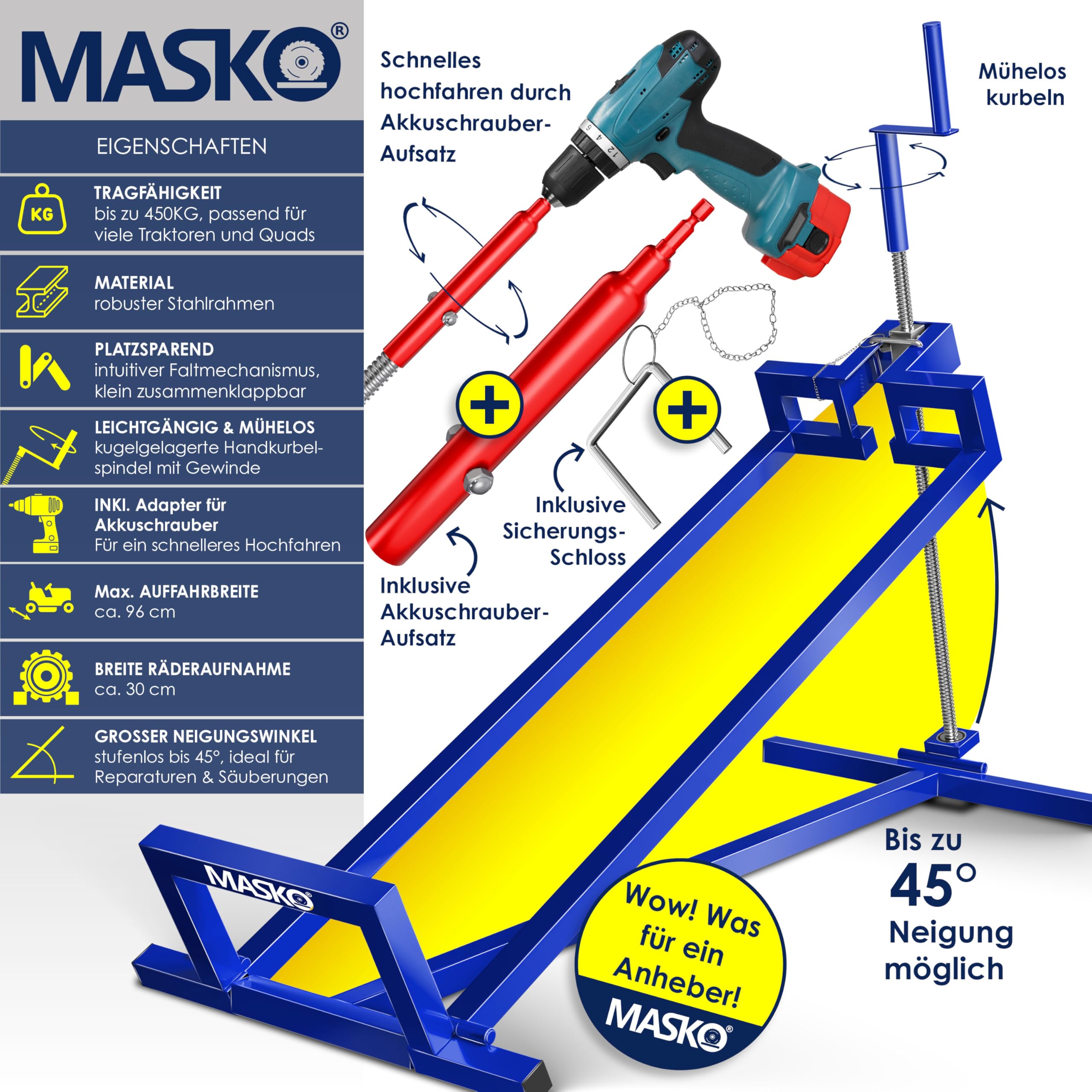 MASKO Cric de tracteur à gazon XXL 450 kg - Pont élévateur de tondeuse autoportée - Aide au nettoyage universel - Inclinaison réglable à +45° - Avec adaptateur, manivelle, gants et brosse - Bleu