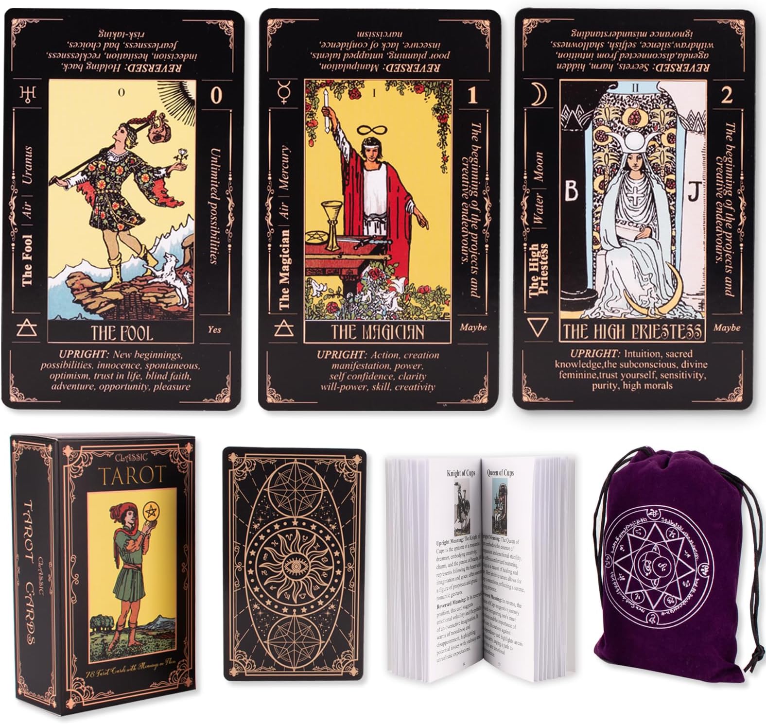 Tarot Cards for Beginners, Classic Tarot Cards with Meanings on Them, Durable with Guide Book for Beginners, Black