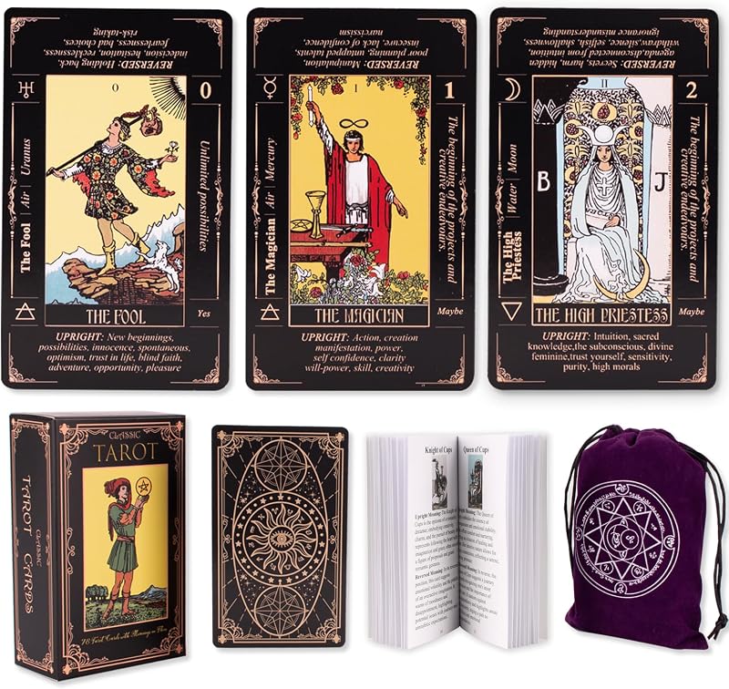Tarot Cards for Beginners, Classic Tarot Deck with Meanings, Durable Cards with Guide Book, Black