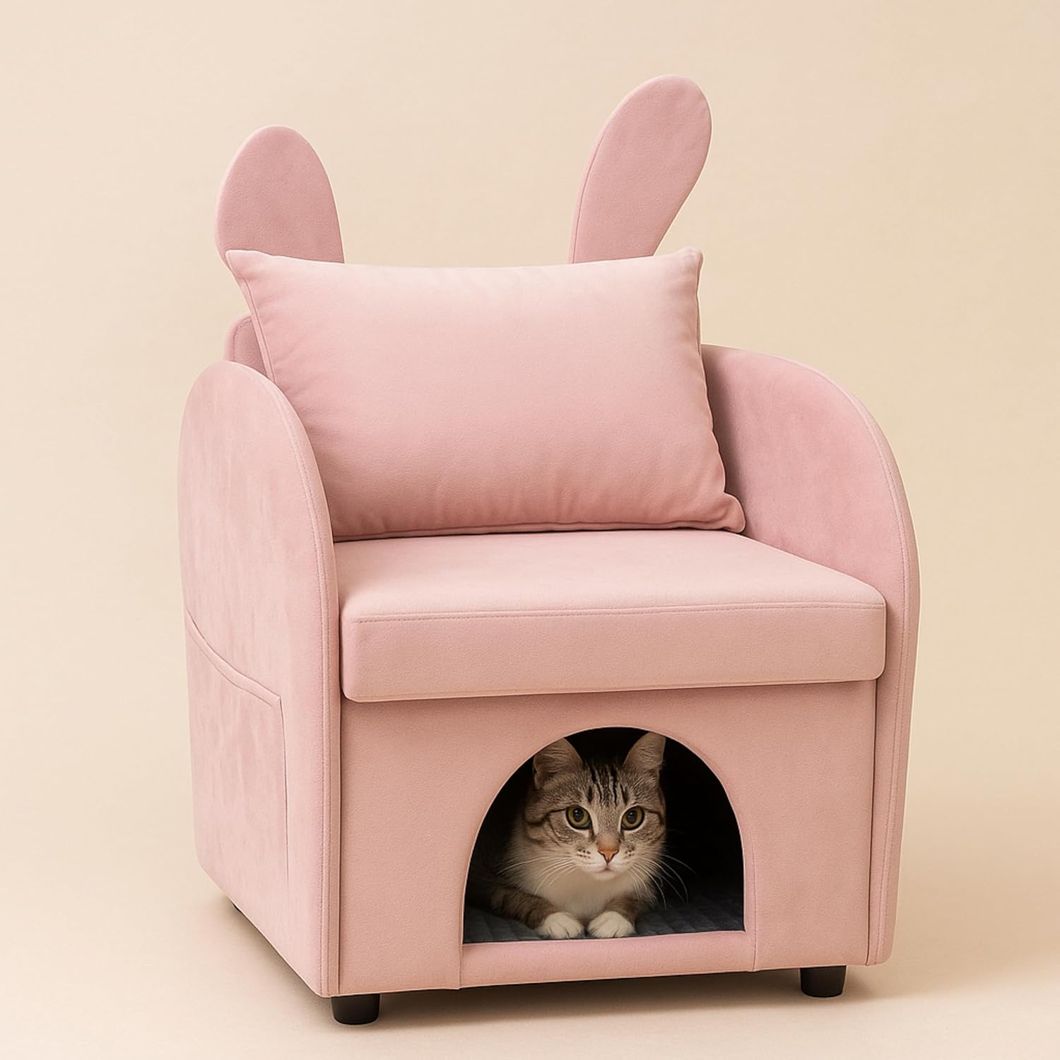 2 in 1 Armchair with Pet Hideaway, Modern Pet-Friendly Accent Chairs, Comfy Upholstered Leisure Chair with Side Pocket, Single Sofa Chair for Bedroom, Living Room, Balcony (Pink)
