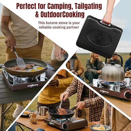 Miniatura 8 de SHINESTAR Estufa de butano de 14000 BTU para camping, doble protector contra el viento, estufa de butano portátil para camping, senderismo,