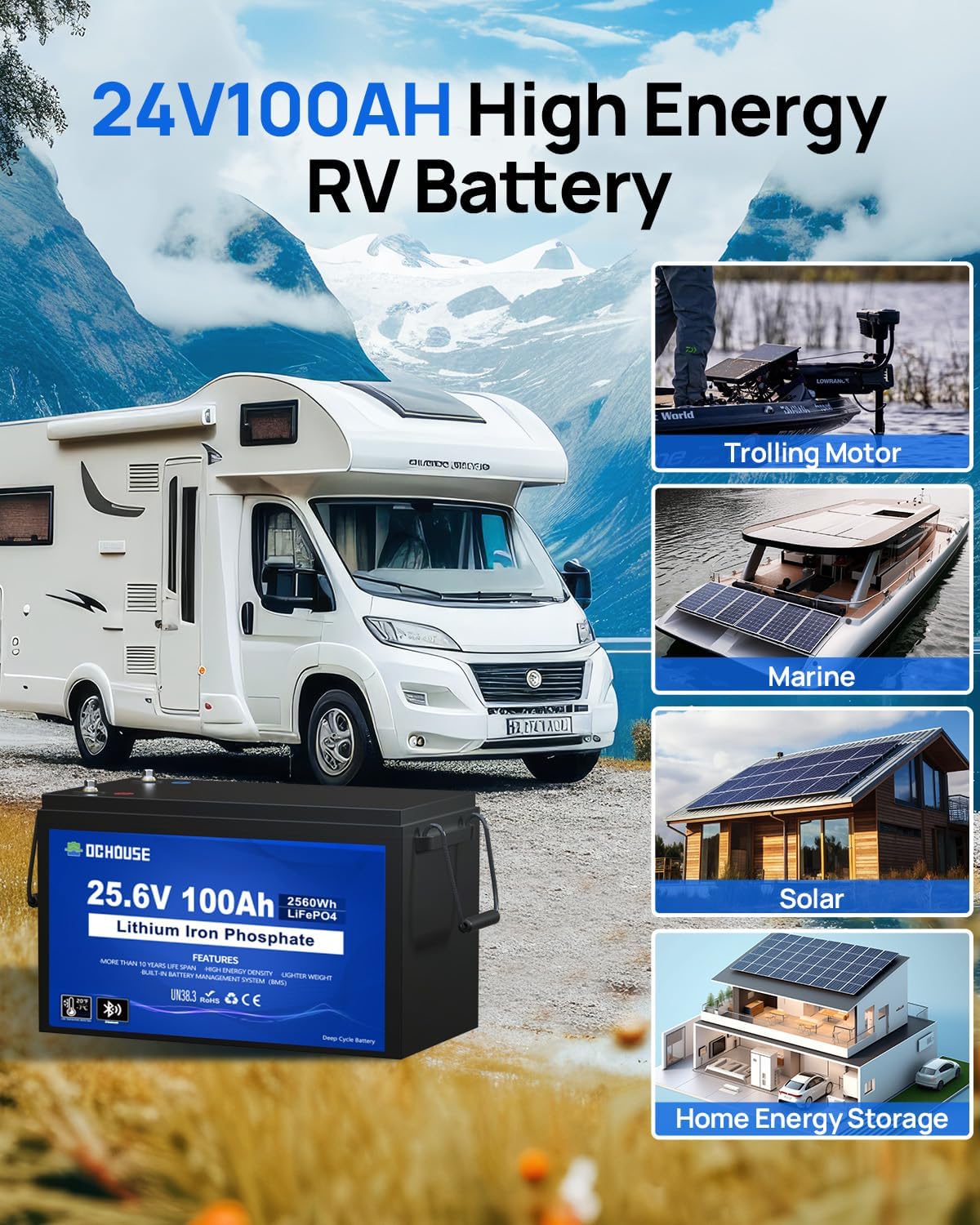 Various applications for the 24V 100Ah battery including RV, marine, solar, and home energy storage