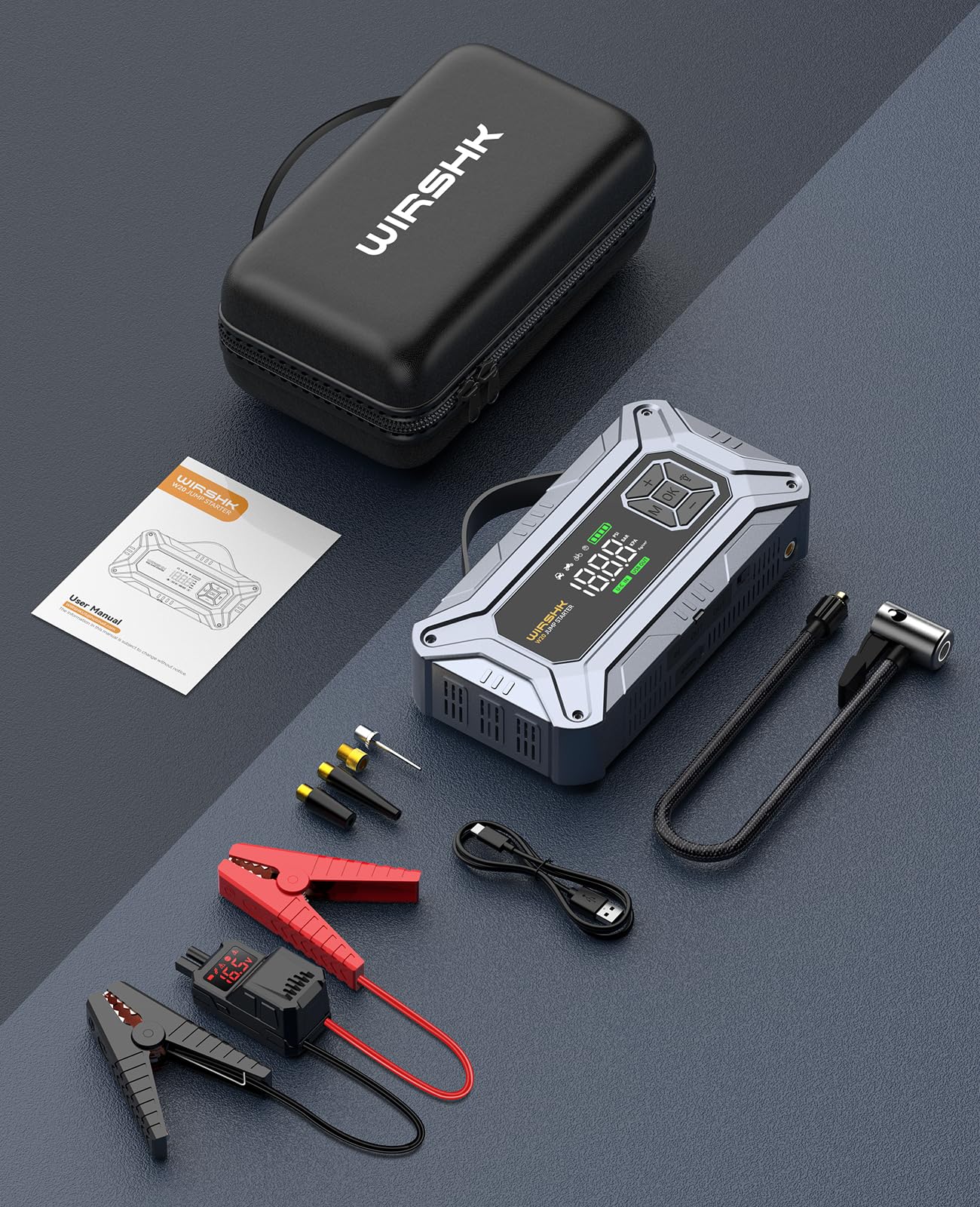 Arrancador de Coche con Compresor de Aire, 8000A 160PSI Arrancador Portátil para Baterías (8.0L Gasolina/10L Diésel), Batería Externa 12V con Cables de Arranque, Pantalla LCD, 2 LED