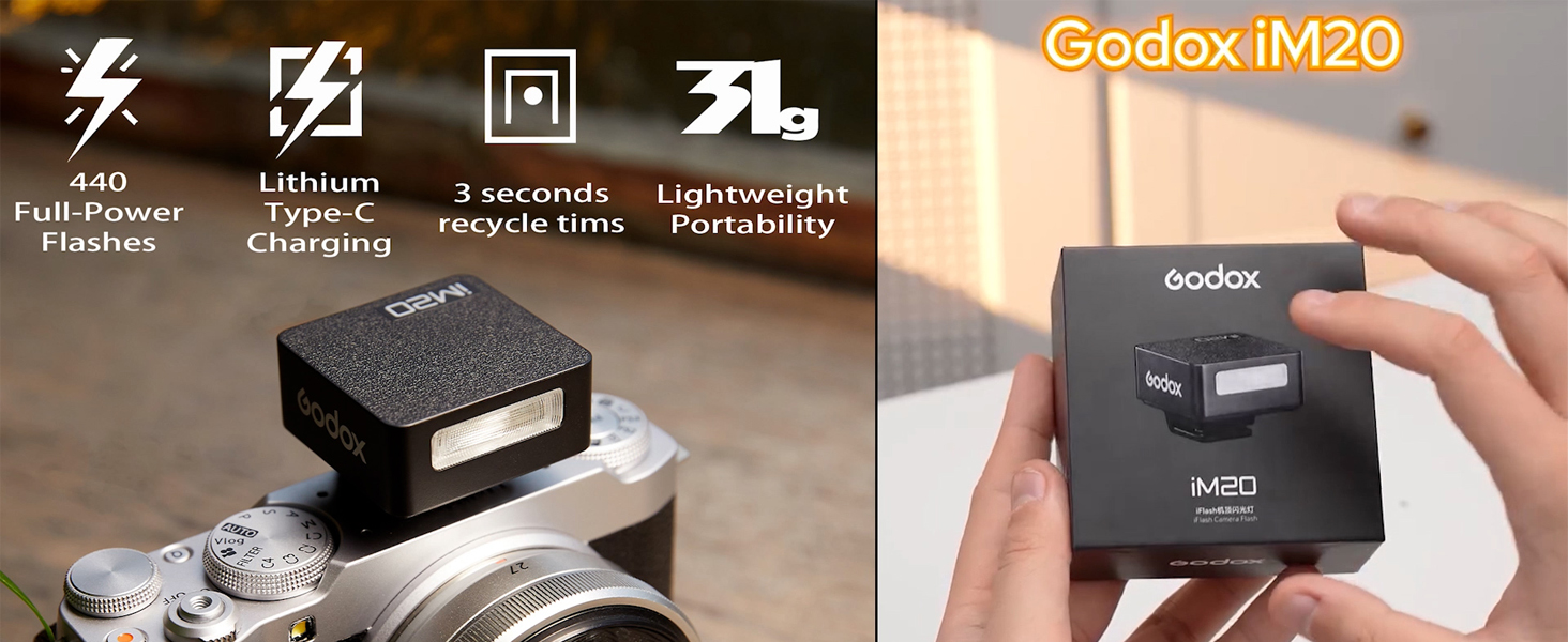 Godox iM22 Mini-cameraflitser, ingebouwde batterij met 5 niveaus, flitser voor Canon/Sony/Fuji/Nikon/Panasonic/Olympus, voor camera's met single-contact hotshoe