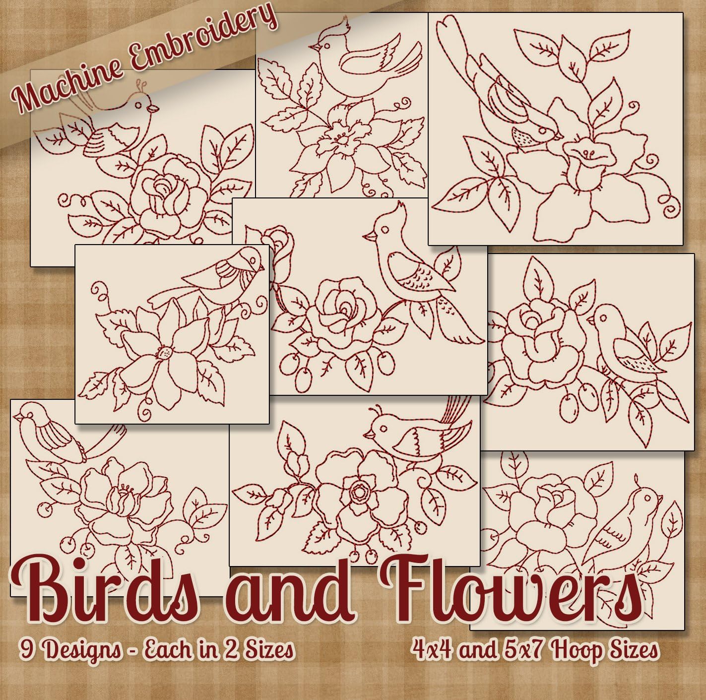 Birds and Flowers Redwork Embroidery Machine Designs on CD - 9 Lovely Detailed Patterns - 2 Sizes Each - PES JEF EXP XXX VIP HUS DST