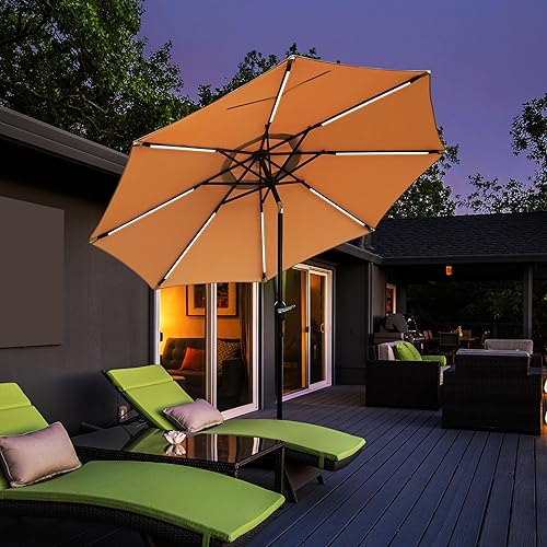 Miniatura 2 de Sunnyglade Sombrilla solar de patio con luz LED para exteriores de 9 pies con 8 tiras de luces LED y 8 varillas, práctico sistema de elevación de