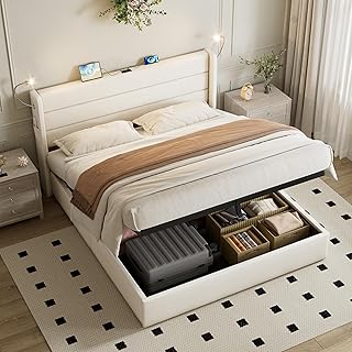 Miyemo Double Bed Frame with Storage, 4ft6 Upholstered Ottoman Bed Frame with Charging-Station & LED-Reading-Light, Linen Bed with Headboard & Hydraulic Storage, 135x190cm, Beige, (No Mattress)
