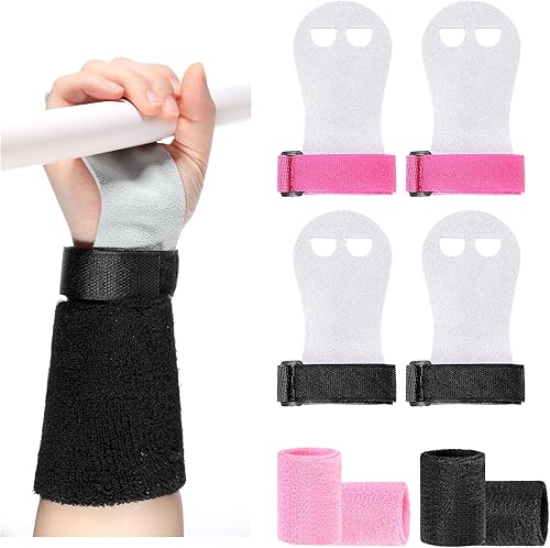 Juego de 2 pares de guantes de gimnasia para bares y niñas, juegos de muñequeras de gimnasia rosa y negro con muñequeras para barra de gimnasia con
