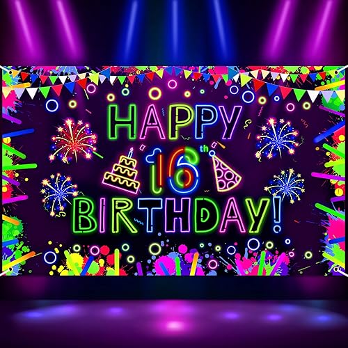 Miniatura 1 de Decoraciones de neón para fiesta de cumpleaños de 13 años, pancarta de fondo que brilla en la oscuridad, decoraciones de fiesta con luz negra UV