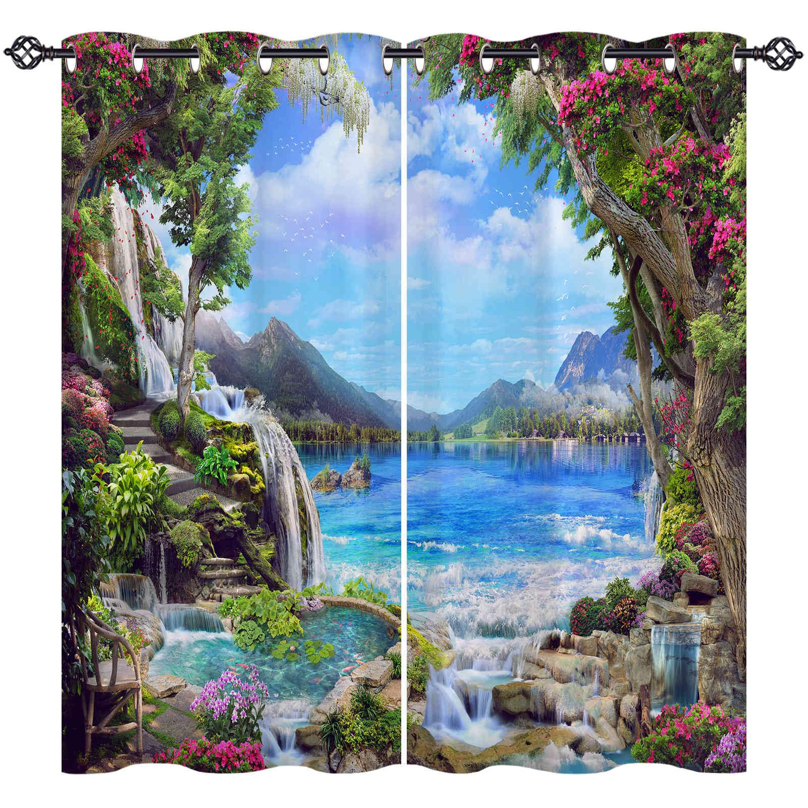 ANHOPE Scenery Curtains Eyelet 80% Blackout Room Darkening Curtains with Nature Landscape Garden Waterfall Print Pattern Light Blocking Window Drapes for Bedroom Living Room 52 x 63 Inch Drop 2 Panels