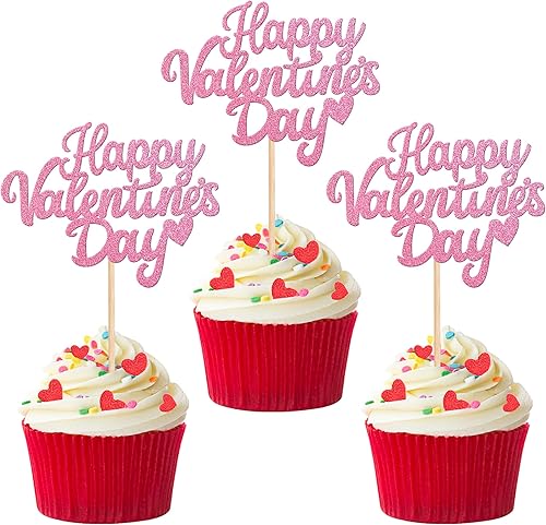 24 piezas de decoración para cupcakes con purpurina para el día de San Valentín corazón de rosa palillos de magdalenas de San Valentín decoración de