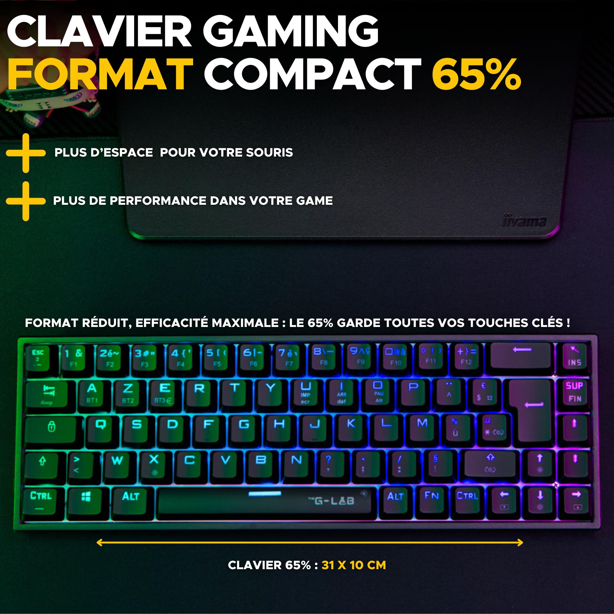 The G-Lab - Keyz Titanium - Clavier Gaming 65% AZERTY, USB - Clavier Mecanique Switch Rouge - RGB 100% Personnalisable, Anti-Ghosting, Macros programmables - pour PC, PS4, PS5, Xbox - New (Noir)