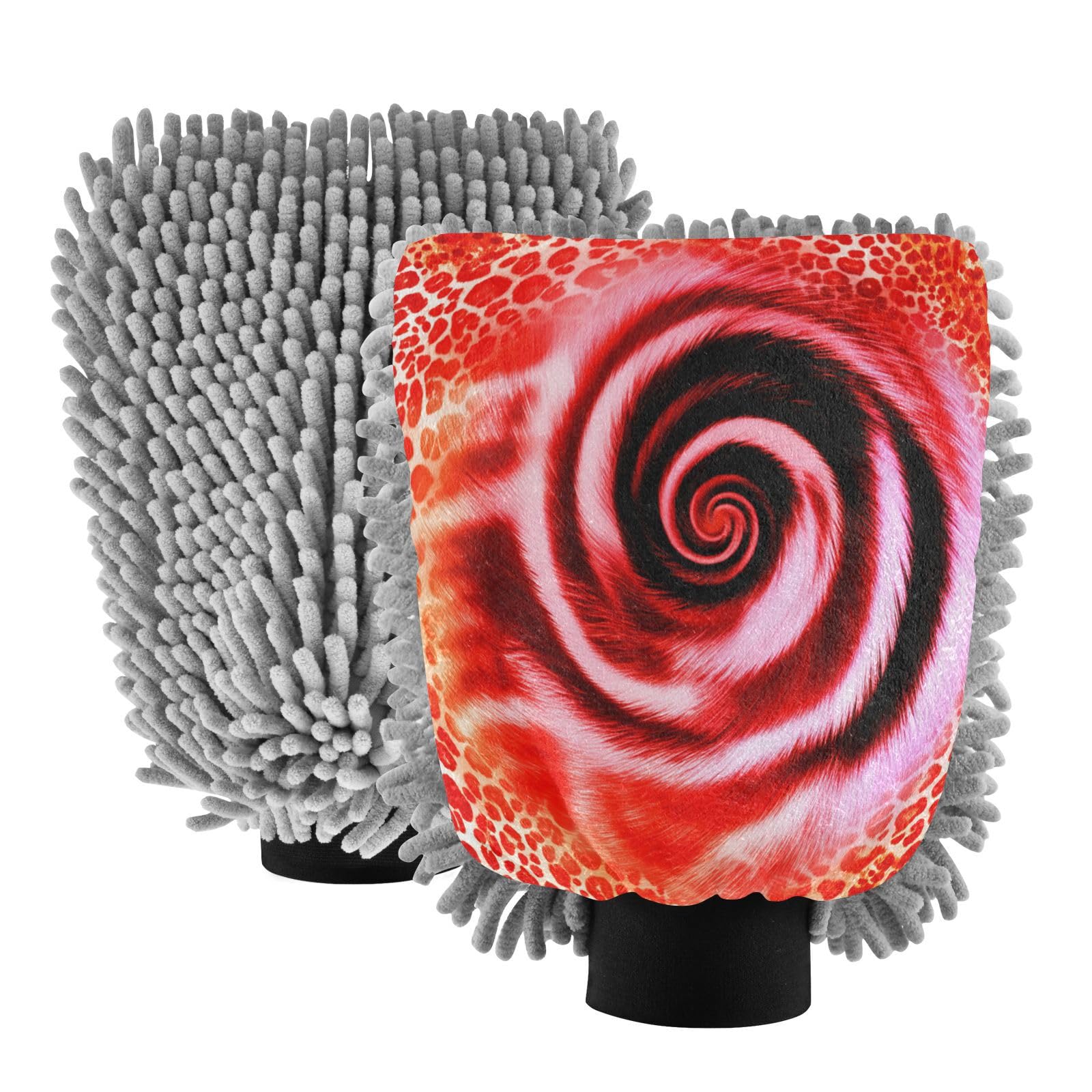 STAYTOP Rose Leopard Print Car Wash Mitt Microfiber, 2Pcs Scratch Free Lint-Free, Premium Chenille Microfiber Mitt Car Wash Brush-L