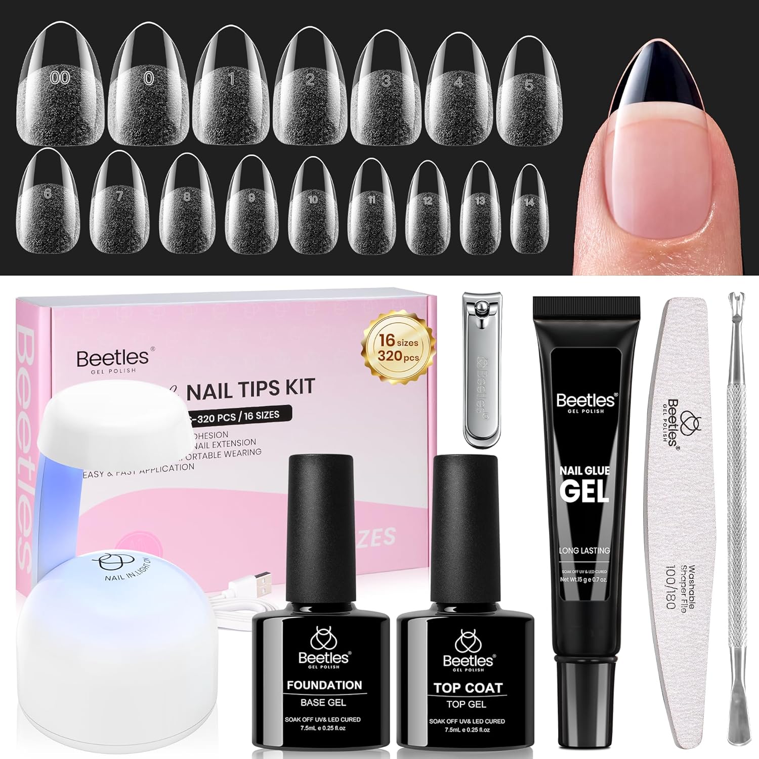 Beetles Gel Nail Kit Flat-X, Almond Short, 320pcs 16 Sizes Nail tips, with 15g Nail Glue Gel Hands-Free, 7.5ml Base Gel & Top Coat, Mini Lamp, for Acrylic Press On Nail, Extension DIY Set at Home