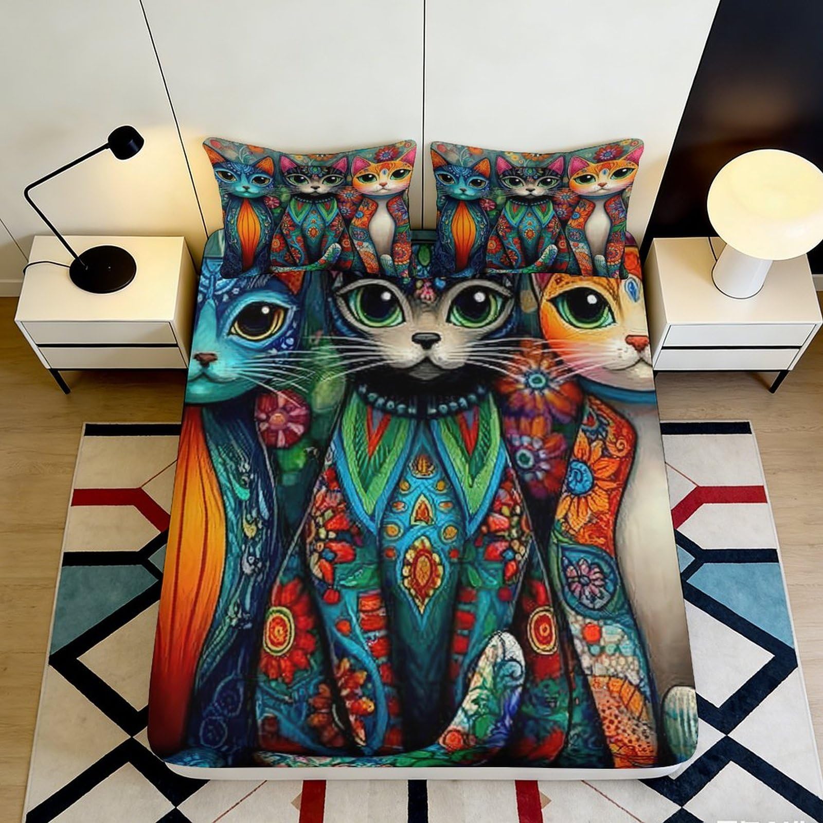 3D Printed Colorful Artistic Cat Fitted Sheet Microfiber Soft Durable Vibrant Design Bed Cover for Bedroom Dormitory Guest Room Mattress Protection 120x200x25cm