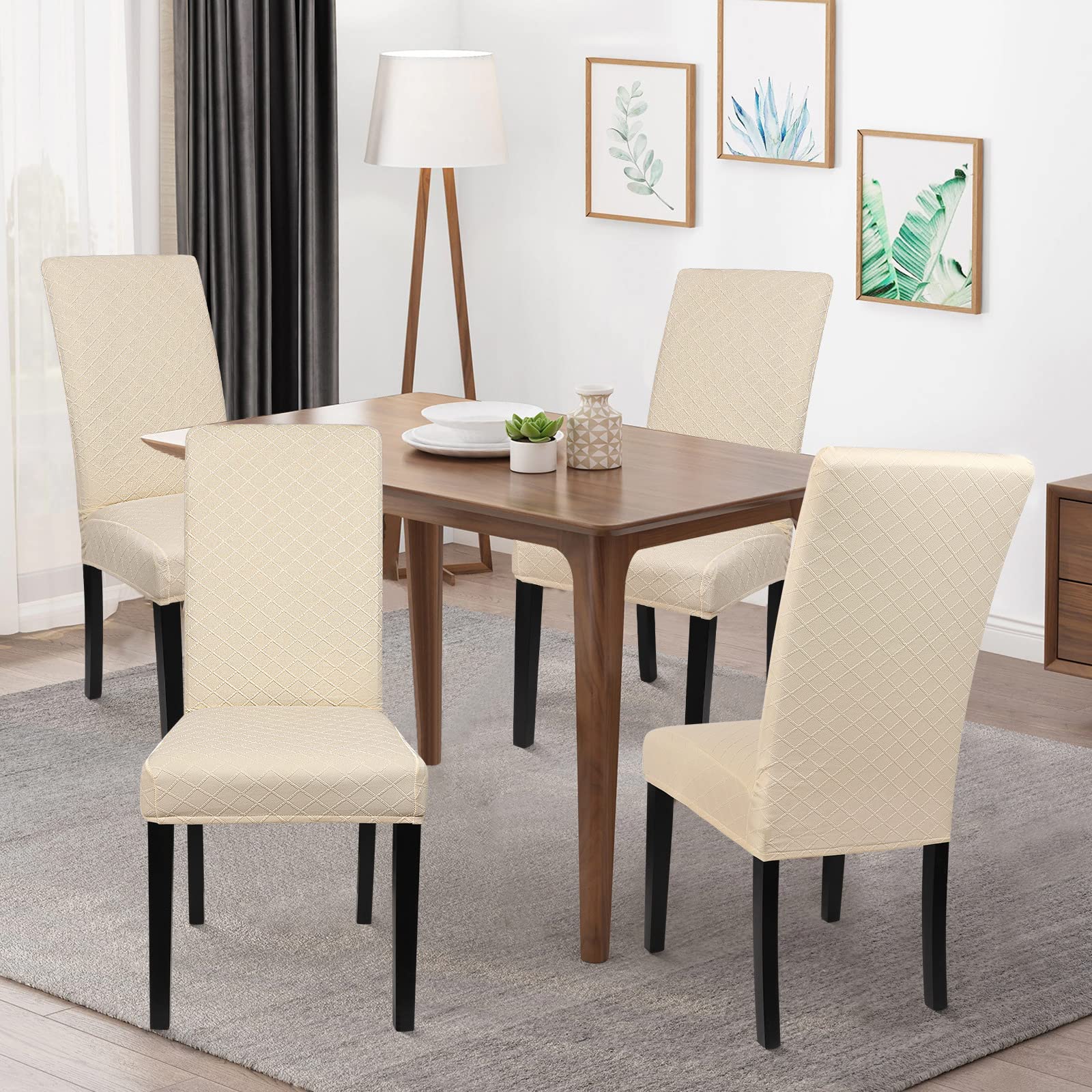 SearchI Dining Room Chair Covers Set of 4 Stretch Parsons Chair Slipcovers Super Fit Spandex Removable Washable Kitchen Chair Protector Cover for Dining Room Hotel(Beige Rhombus) - Image 2