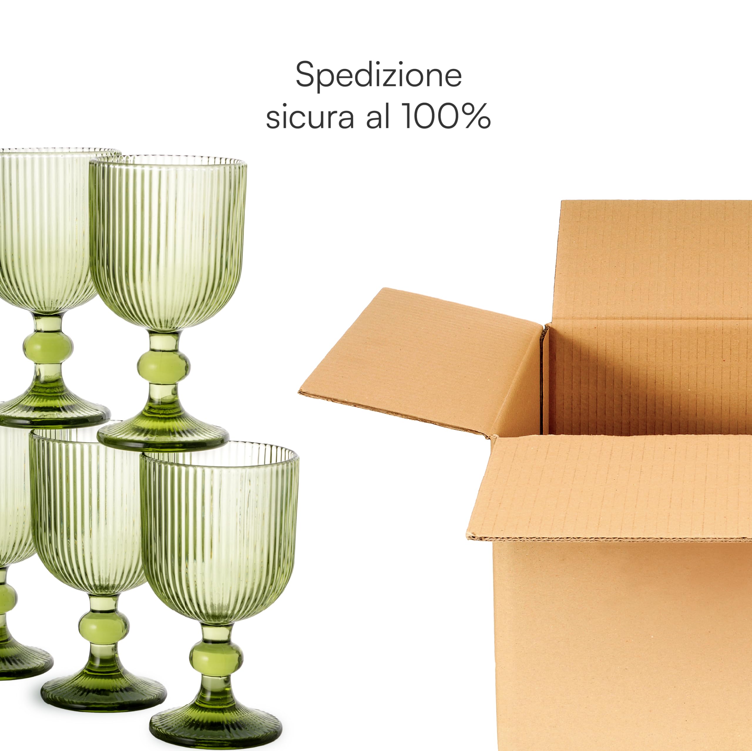 Baroni Home Set 6 pz di Calici in Vetro Colorati e Decorati con Righe in Rilievo 20 CL, Calici Eleganti Lavabili in Lavastoviglie, 8x8x14,5 cm, Verde