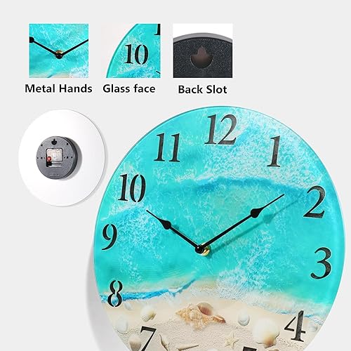 Miniatura 3 de Reloj de pared de cristal náutico costero con diseño de concha marina y tema estético de playa, funciona con pilas, decoración de pared silenciosa