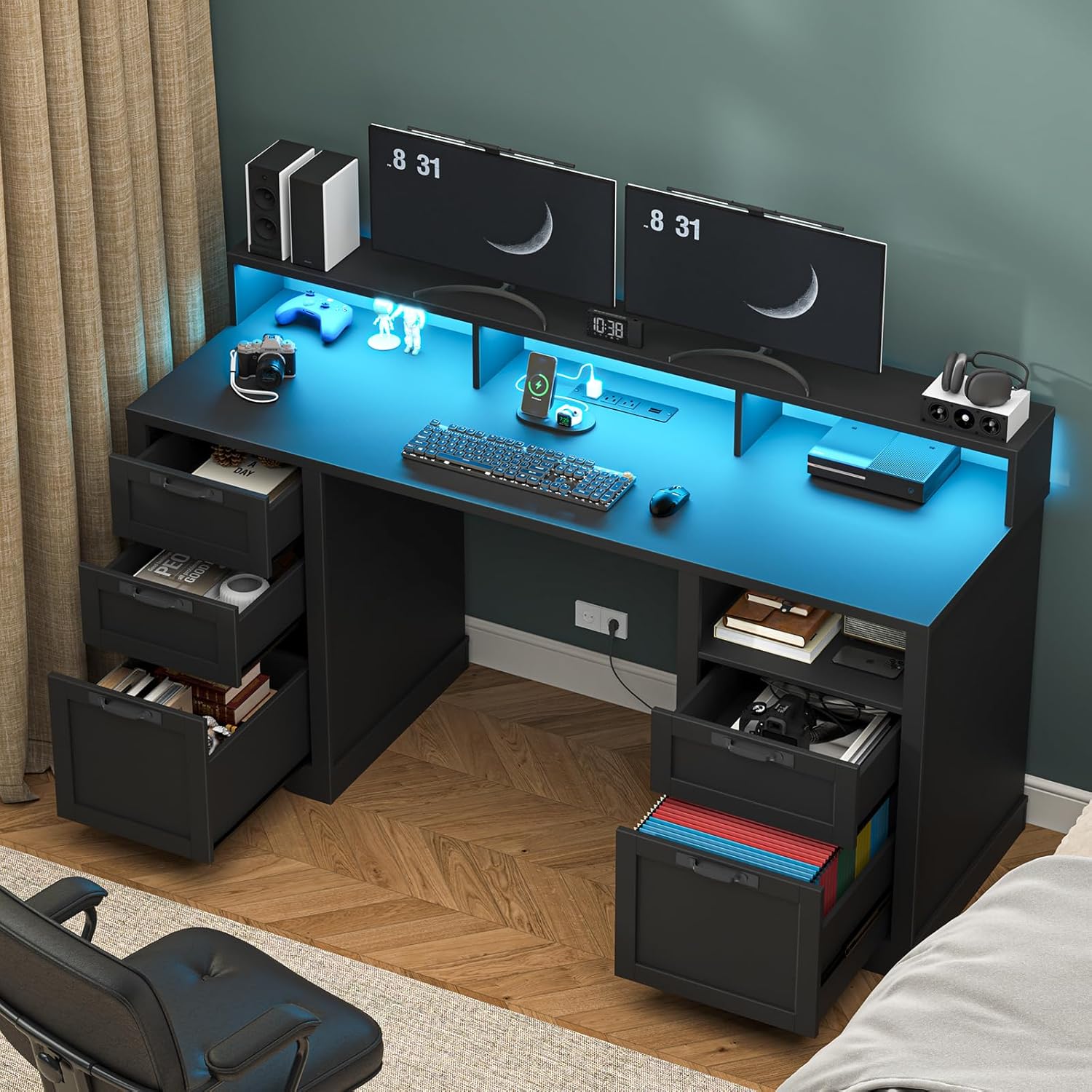 Halitaa 61" Farmhouse Executive Desk with Monitor Stand & File Drawers,Computer Desk with Storage Drawers,Large Workstation LED Lights and Power Outlets for Home Office,Study,Black