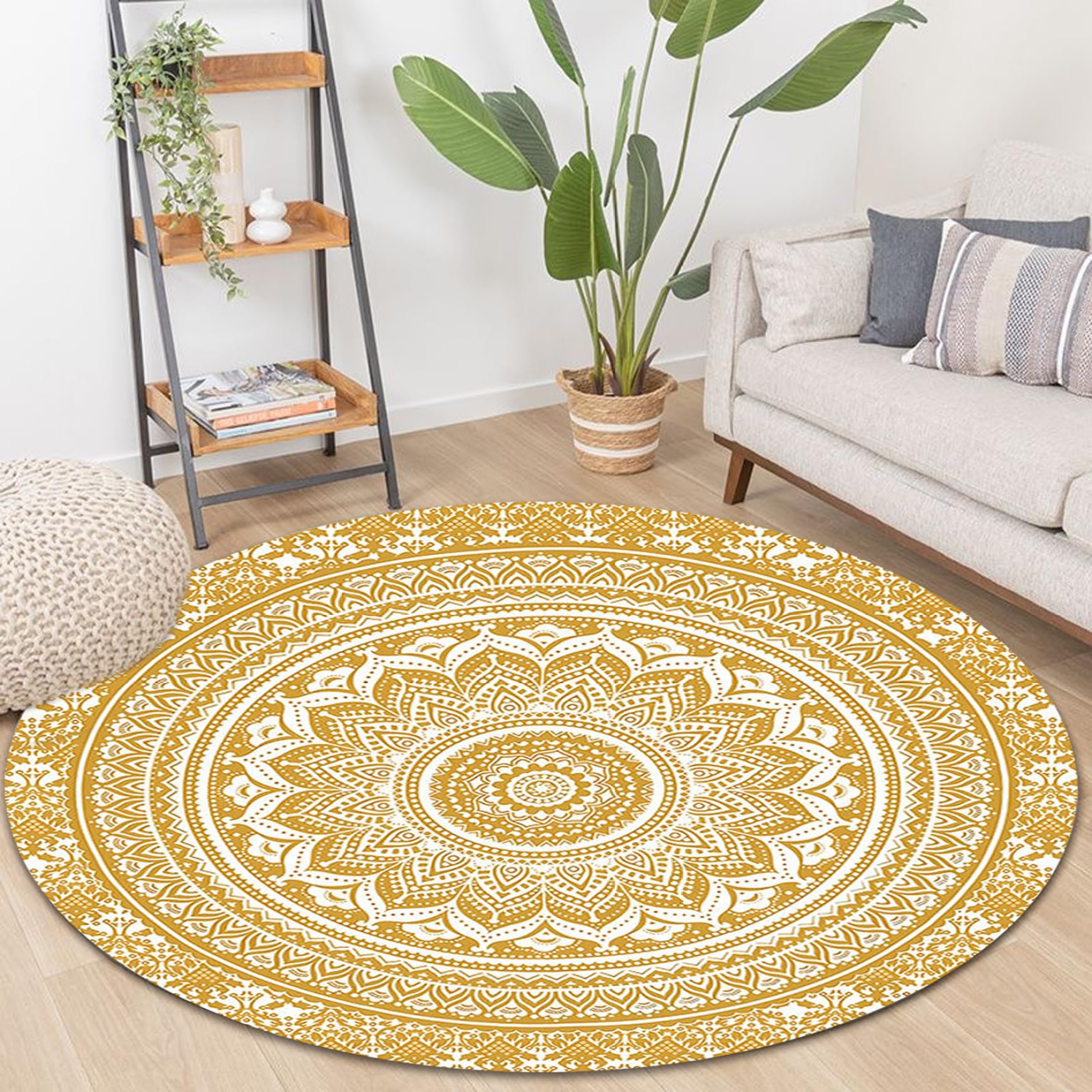 Tapis Boho Rond, Tapis Mandala Confortable de 4 Pieds, Rond Lavable, Circulaire antidérapant pour Chambre à Coucher, Salon, Salle de Jeux