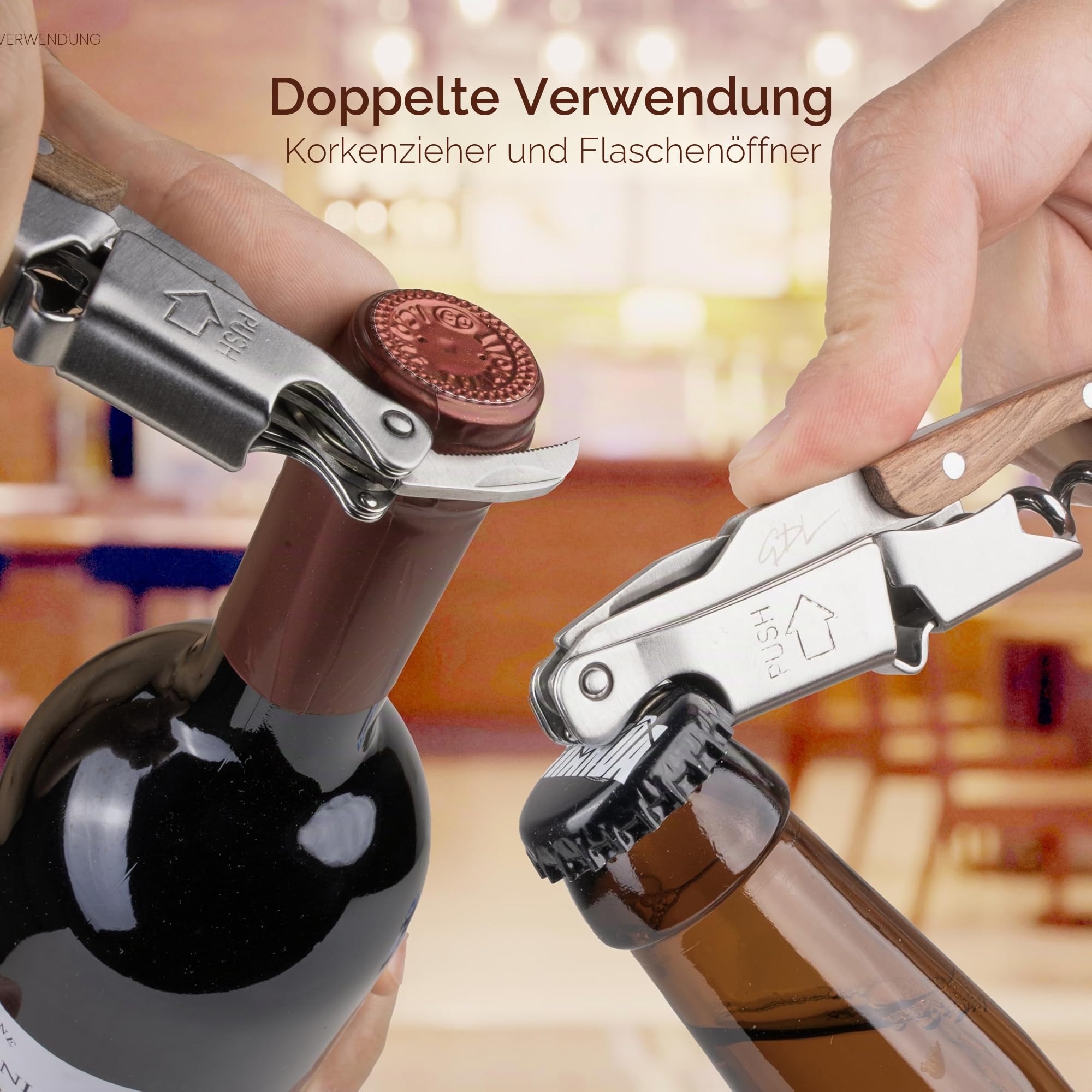 Filter zum Dekantieren des Weins in Trichterform aus Stahl mit Schichtstruktur und ergonomischem Griff + Kellnermesser mit Klinge zum Schneiden von Aluminium und einfacher Einführschraube, verpackt