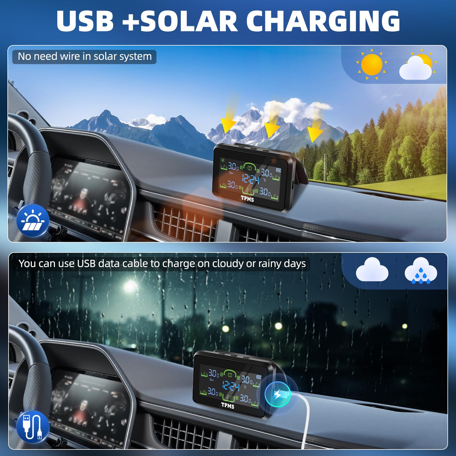 TPMS di Monitoraggio della Pressione dei Pneumatici Staccabile Ricarica Solare Wireless Sistema di Monitoraggio con Allarme, 4 Sensori, 22-87Psi Display Dell'ora per Camper Van Auto | 4 sensori di pressione degli pneumatici impermeabili, 5 allarmi,Autovet