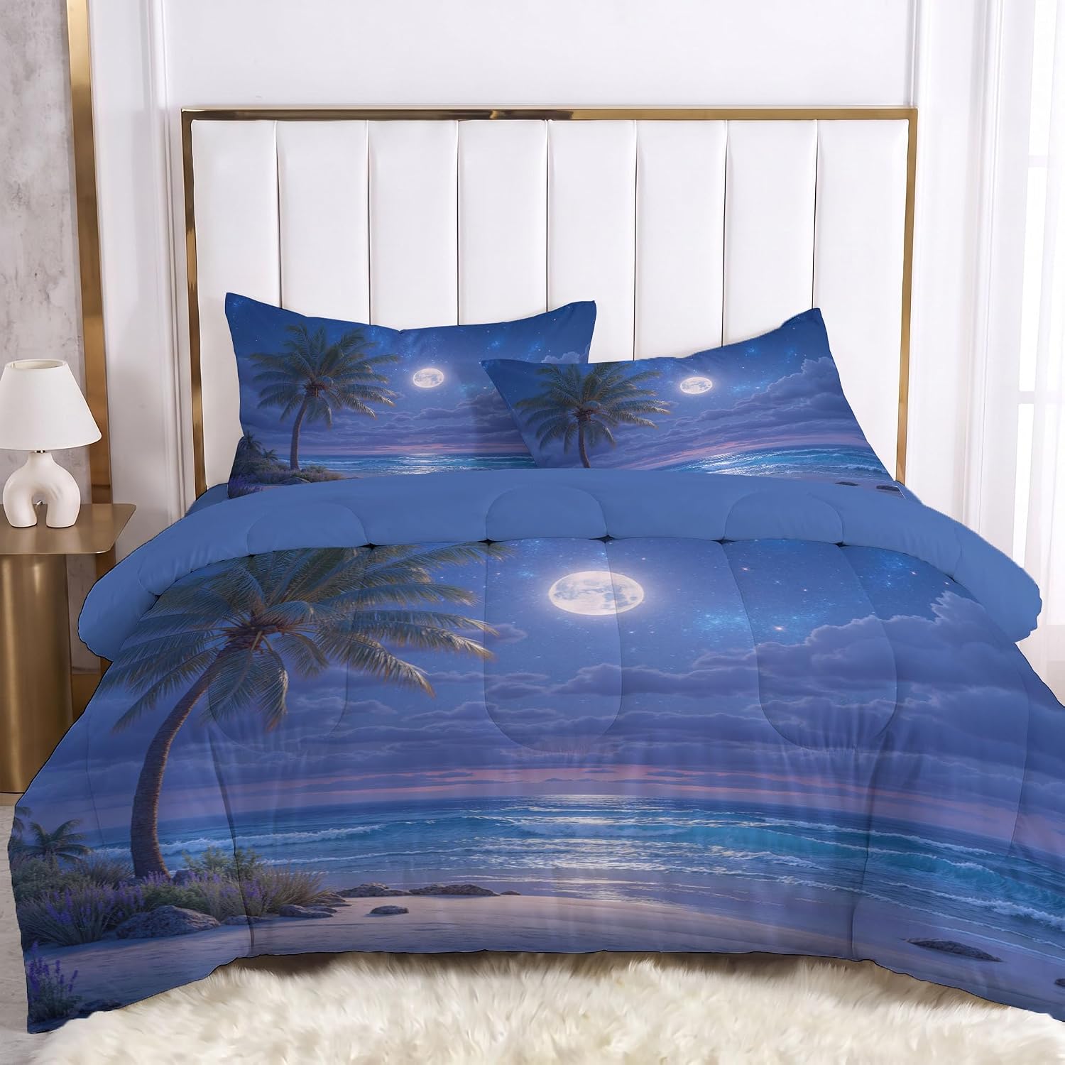 Romantic Night View Comforter Set King Size, Moon Palm Tree On The Beach Bedding Set for Girls Boys, Blue-Purple Quilt Bed 104"X90" Bedding Comforter Sets with 2 Pillowcase Room Decor