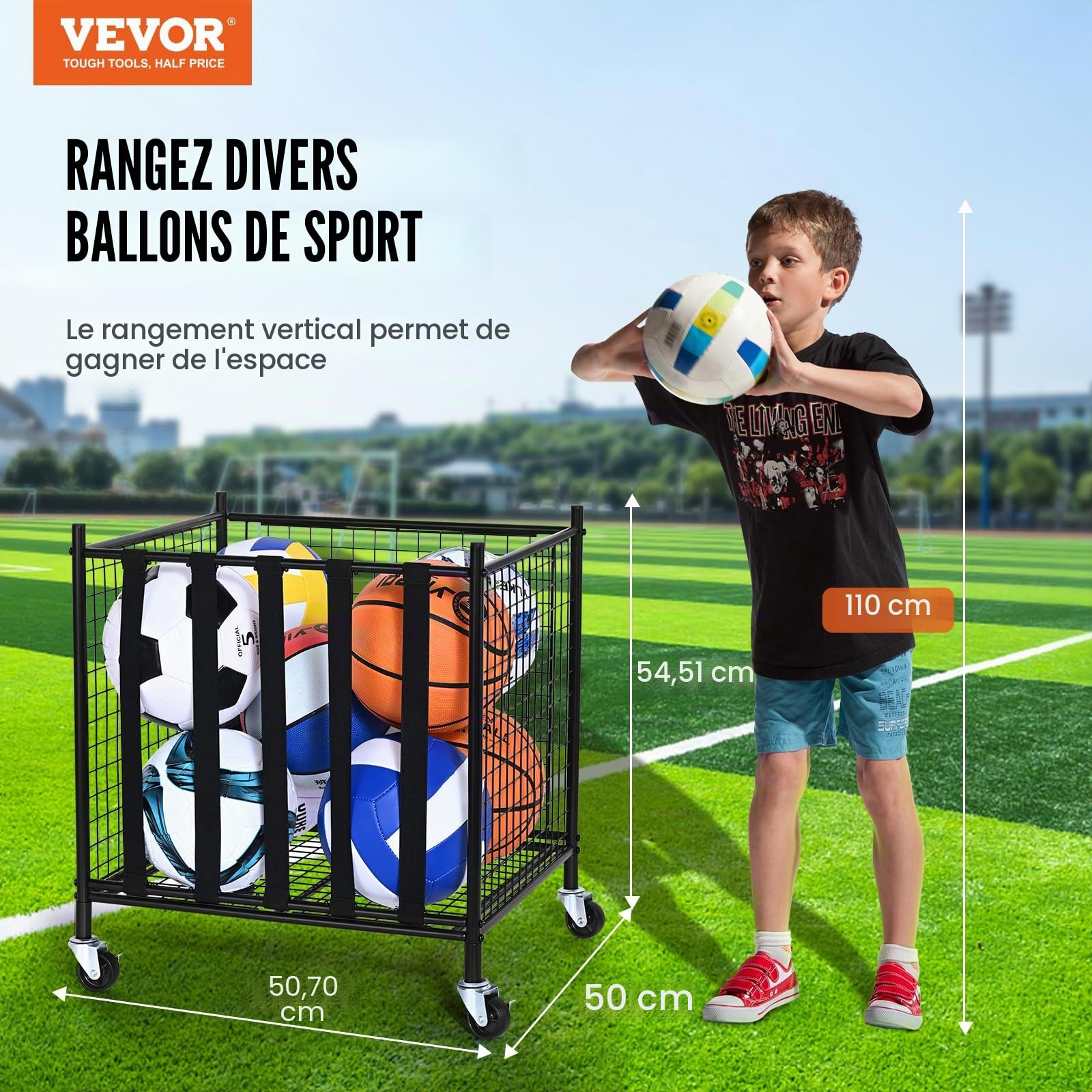 VEVOR Chariot de Rangement à Roulettes pour Ballons de Sport, Cage de Basket-Ball Verrouillable