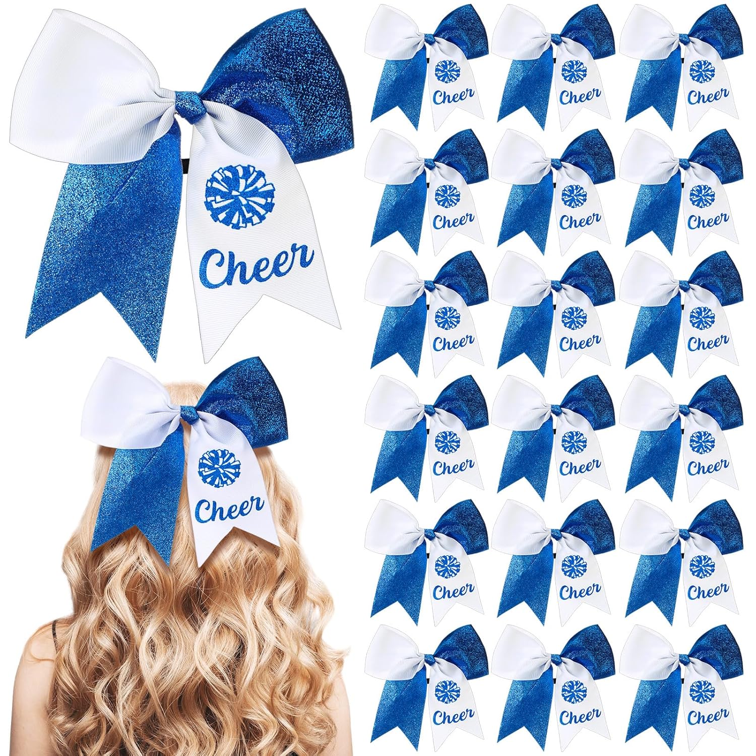 Suncalla 20 Pcs Valentine's Day Blue and White Cheer Hair Bows Ponytail Holders Cheer Ribbon Pom Pom Elastic Hair Ties Gifts Bulk for Cheerleaders Women Teams Competition Sports
