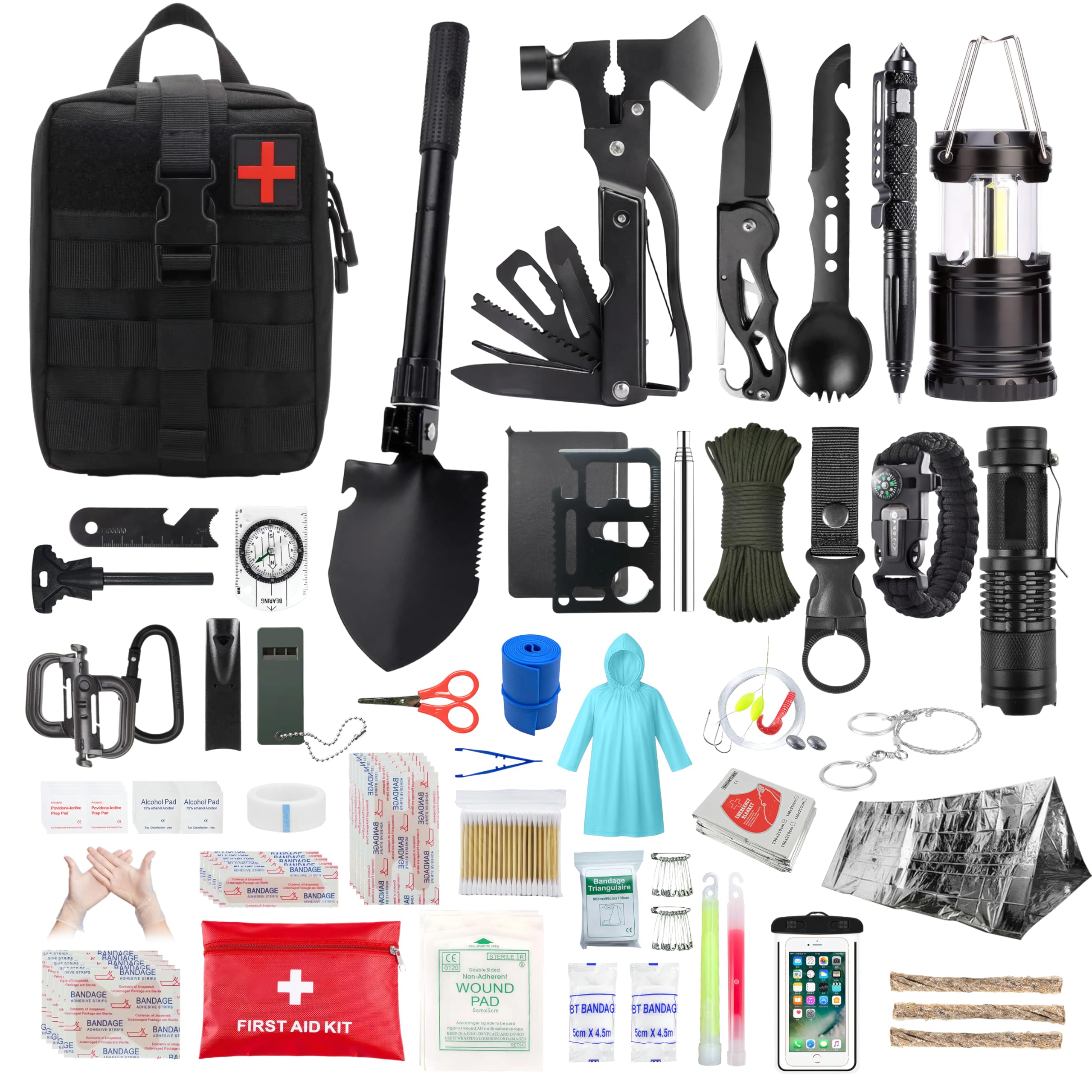 EIN Survival kit mit Emergency kit，206-teiliges überlebensausrüstung notfallrucksack，Kompass Militärschaufel Camping Light Regenmantel Zelt，Outdoor-Camping-Abenteuer-Wandergeschenke für Herren