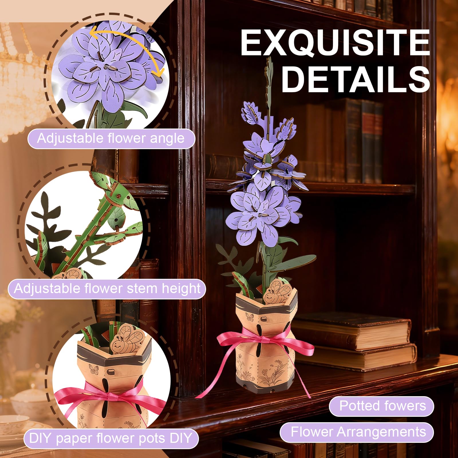 Puzzle 3D De Madera – Flor Artificial Lila Para Ensamblar – Decoración DIY Para Salón O Dormitorio