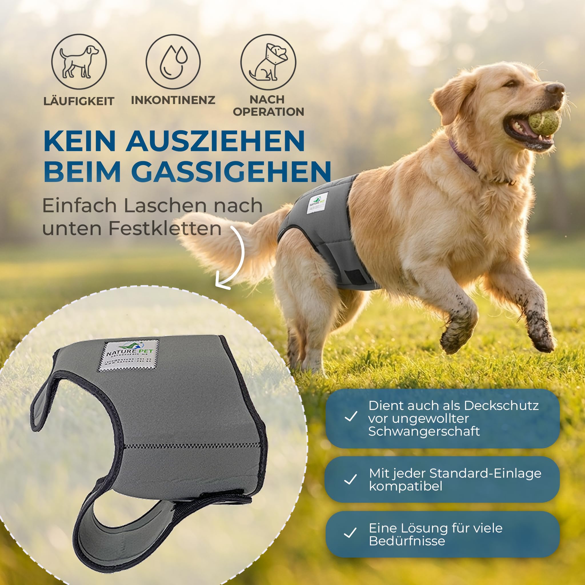 NATURE PET Premium Läufigkeitshose für Hündinnen – Hochwertige & Bequeme Hundewindeln für Hündinnen & Rüden – Waschbare Inkontinenz-Hundewindel ohne Einfädeln der Rute – M-L/Netz