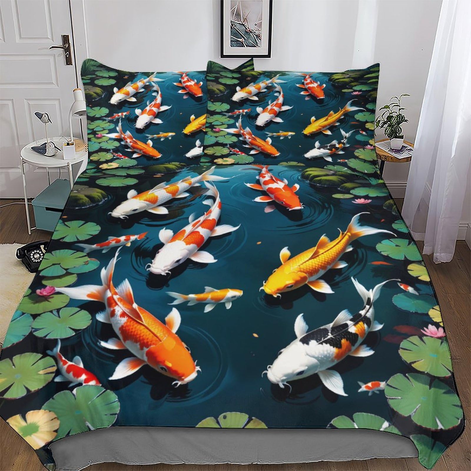 Llxxhh Boys Koi Fish Duvet Cover Set With Pillowcases Soft Quilt Covers Microfiber Bedding For Girls And Teenagers Comforter Cover King(220X240cm)