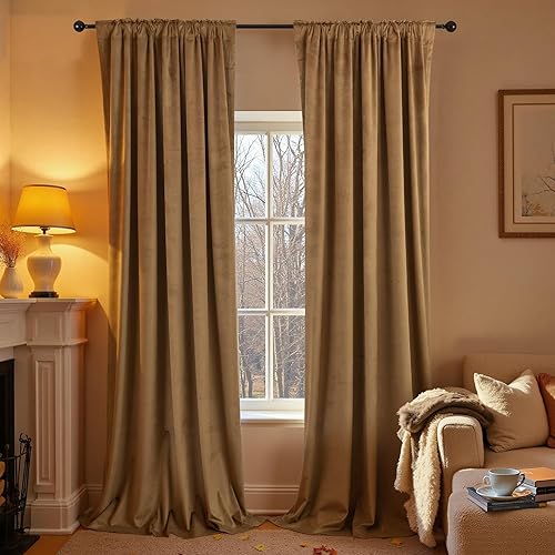 Miniatura 7 de KOUFALL Cortinas opacas de terciopelo de otoño de 96 pulgadas de largo, juego de 2 paneles de cortinas opacas de lujo marrón dorado con bloqueo de