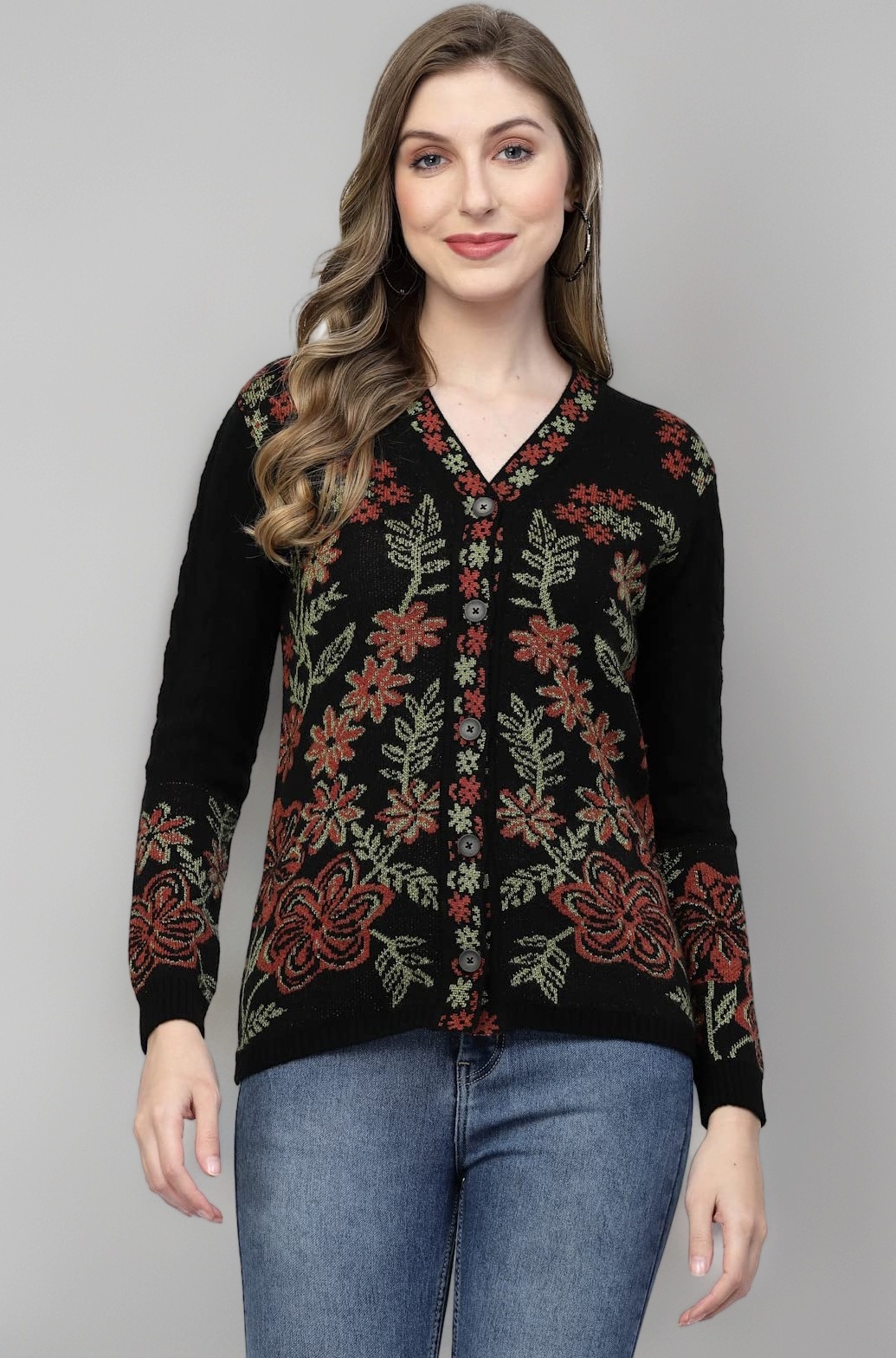 Women Sweater for Winter Woolen Acrylic Full Sleeves V-Neck Floral Design Cardigan Sweater for Women Winter Woollen Stylish
