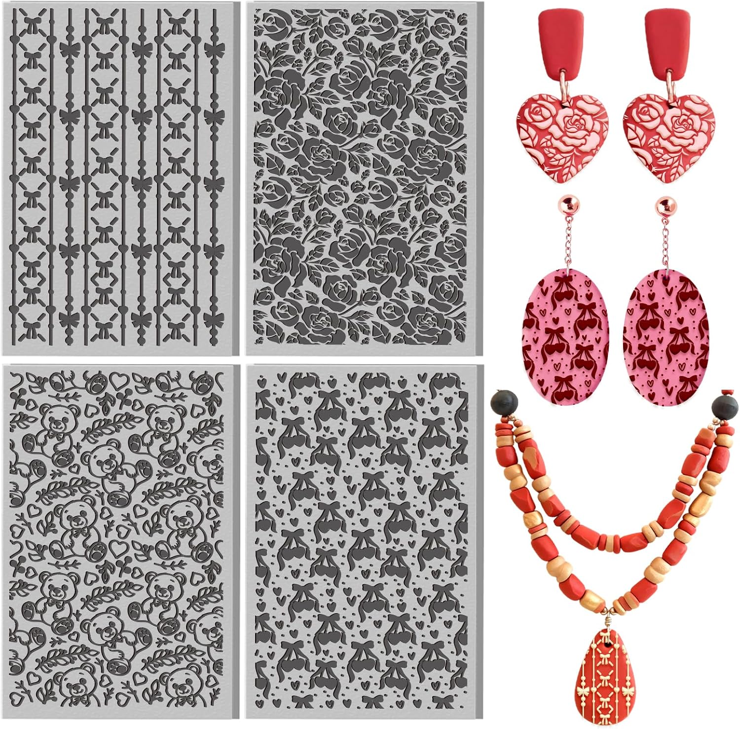 CHGCRAFT 4 Pcs Valentine's Day Polymer Clay Texture Sheet Bow and Roses Rubber Clay Texture Mat for Polymer Clays Making Earrings Jewelry DIY Crafts 5.5 × 5.5 Inch