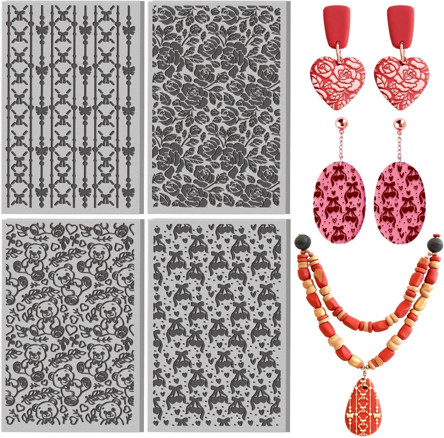 CHGCRAFT 4 Pcs Valentine's Day Polymer Clay Texture Sheet Bow and Roses Rubber Clay Texture Mat for Polymer Clays Making Earrings Jewelry DIY Crafts 5.5 × 5.5 Inch