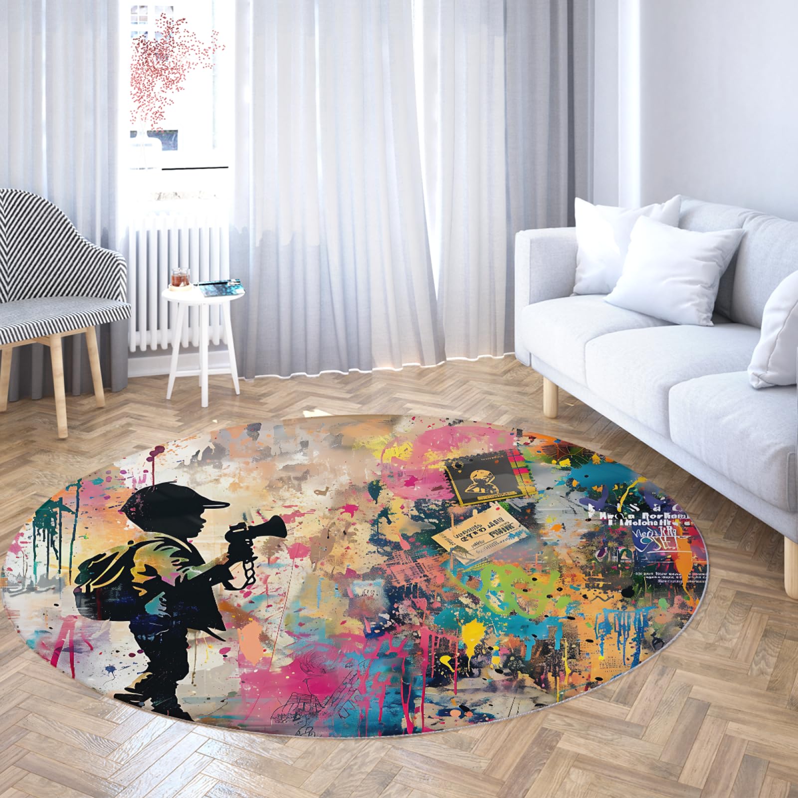 Tapis Rond Street Art 160cm Moquette Garçon Lavable et Antidérapante