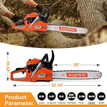 SUPMIXTOOLS 62cc Gas Chainsaw 20 Inch Gas Powered Chainsaws 2-Cycle Petrol Handheld Gasoline Chain Saw Power Saws for Cutting Wood Tree Trimming