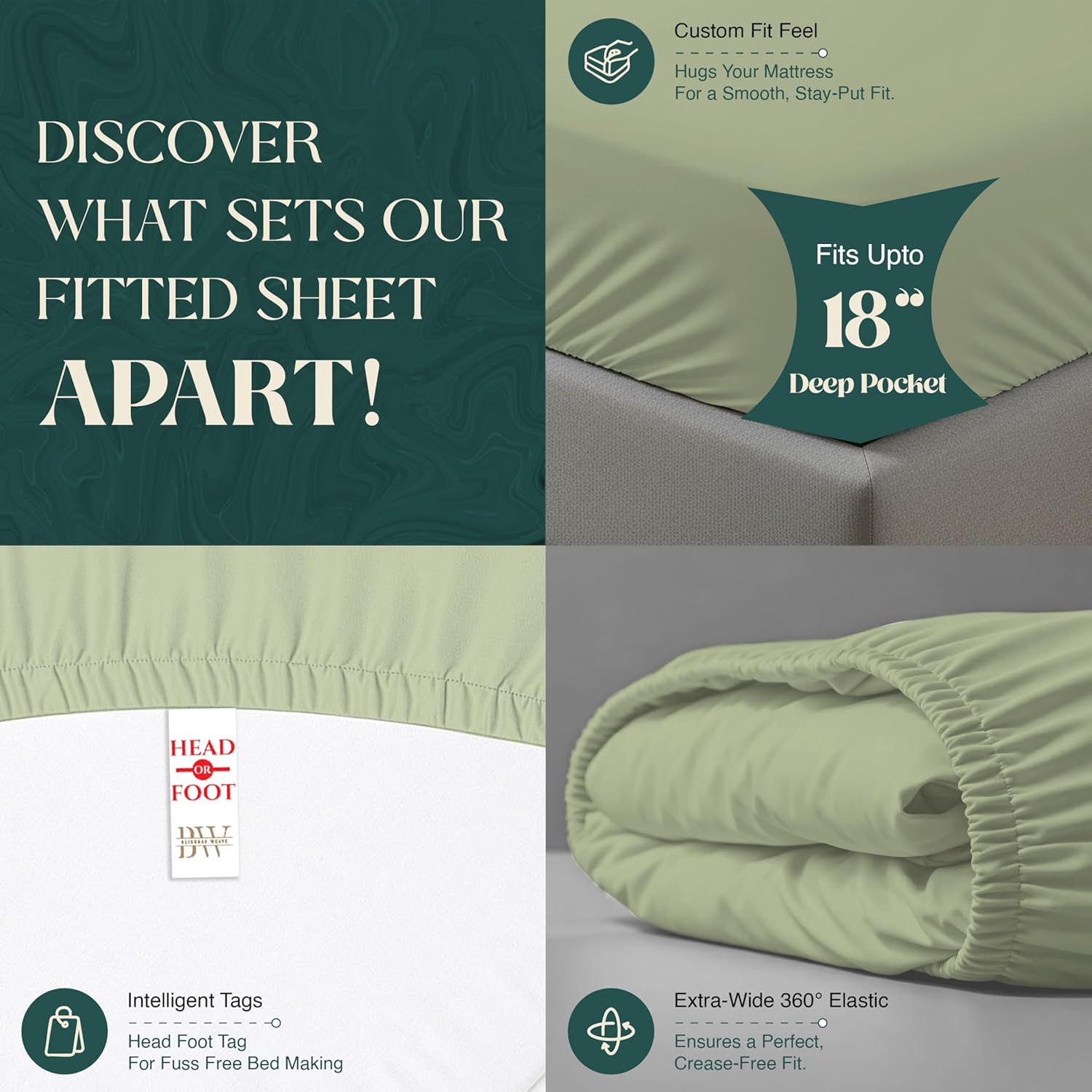 100% Egyptian Cotton Sheet Set 1000 Thread Count King Size 4 PCs Sateen Weave Cooling Soft Wrinkle Resistant Luxury 18 inches Deep Pocket| 1-1 Fitted Flat Sheets 2 Pillowcases |Sage