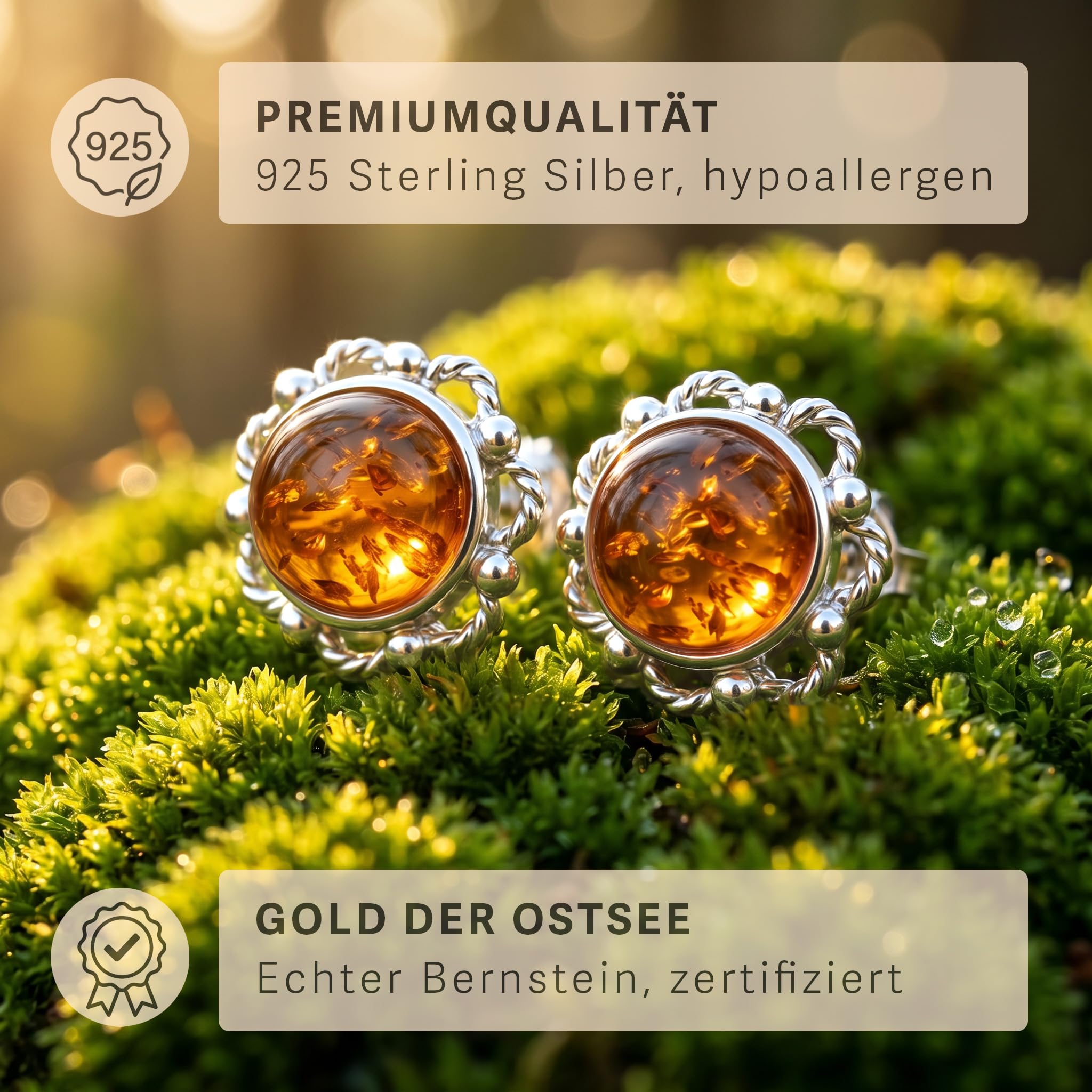 ALUA Ostsee-Bernstein Ohrringe 925 Silber Runde Ohrstecker 10 mm Blüte