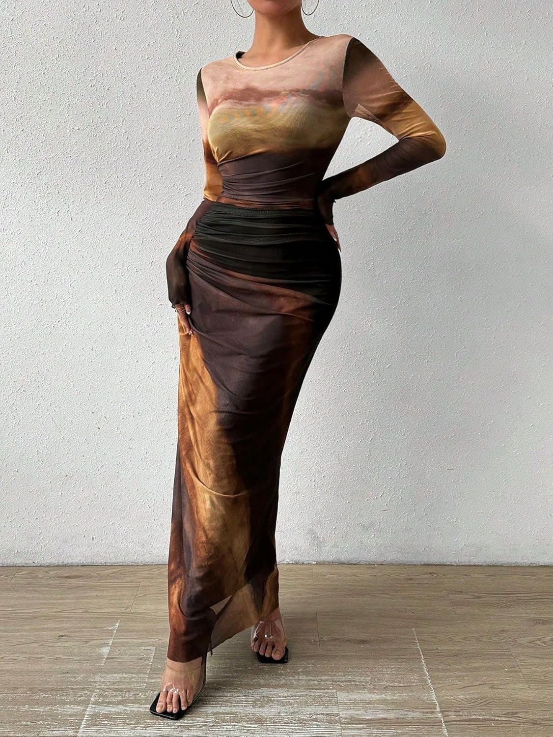 LIGHT DOT Women's Printed Bodycon Maxi Dress Long Sleeve Tie Dye Mesh Ruched Cocktail Dress - Image 8