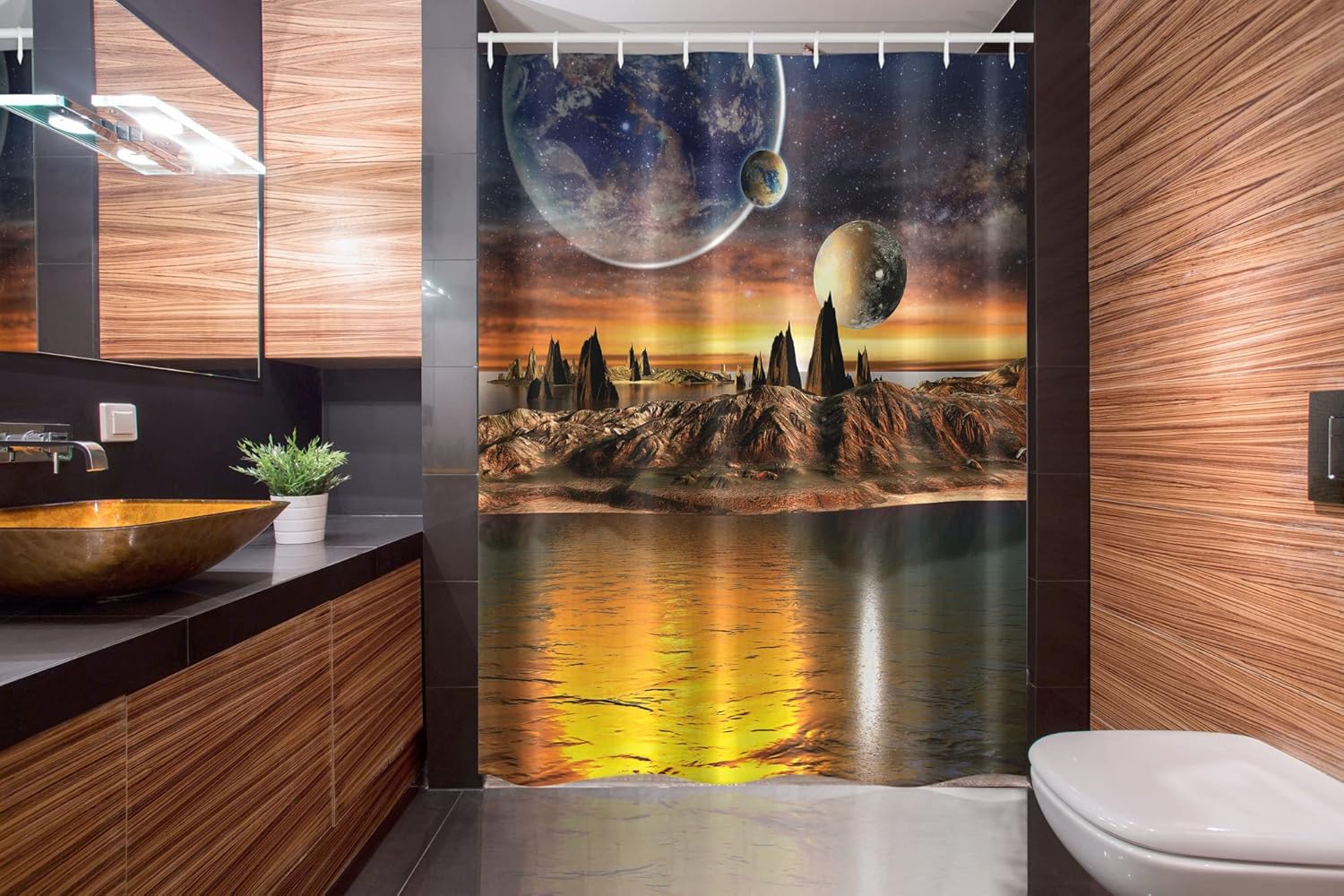 Ambesonne Fantasy Stall Shower Curtain, Alien Planet Earth Moon and Mountain Surreal Sci Fi Galactic Future Cosmos Art, Fabric Bathroom Decor Set with Hooks, 54" W x 78" L, Brown Dark Sky Blue Ecru