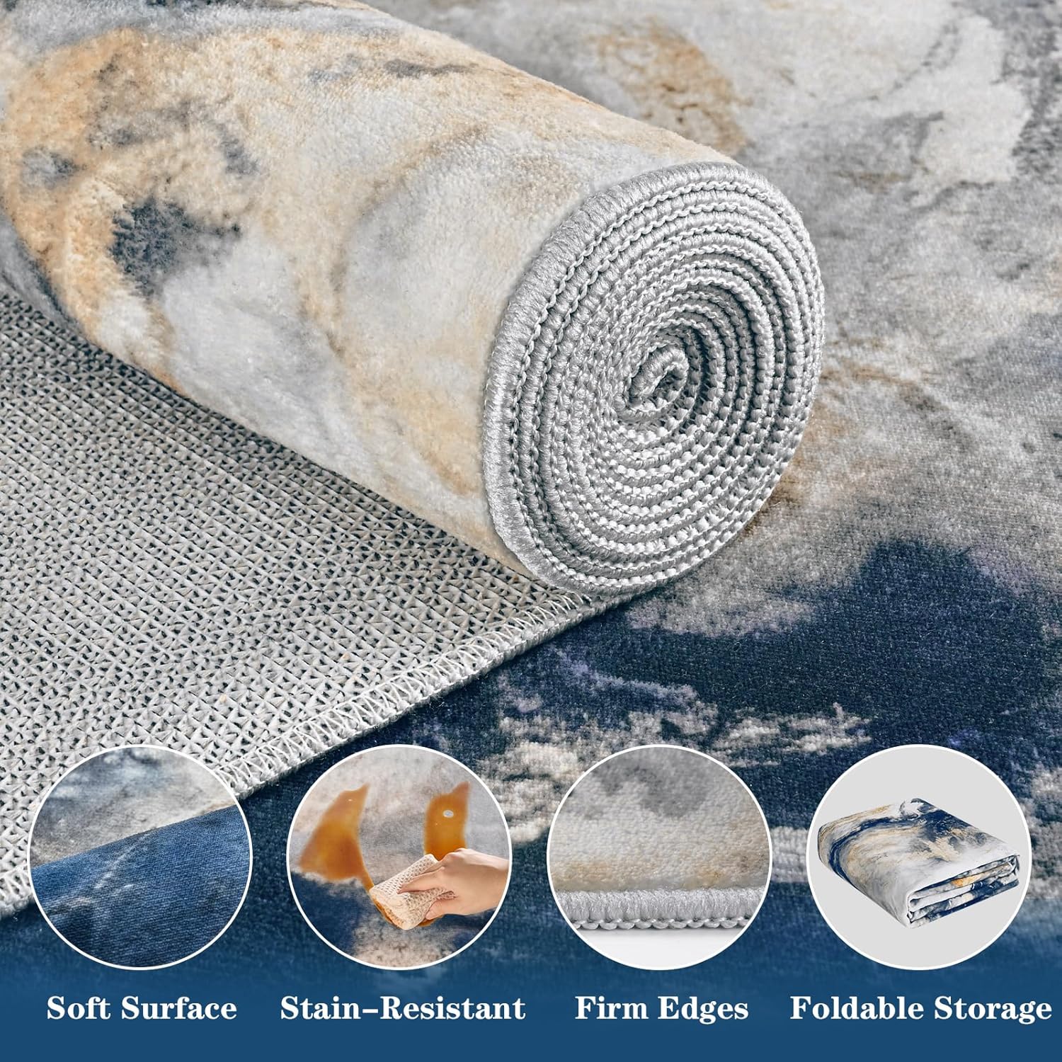Yinhua 2x7'3 Runner Rug for Hallway, Marble Rug Runners for Kitchen, Soft Faux Wool Washable Area Rugs, Modern Runner Rugs Non Slip, Blue and Gold Abstract Carpet for Entryway Laundry Bathroom