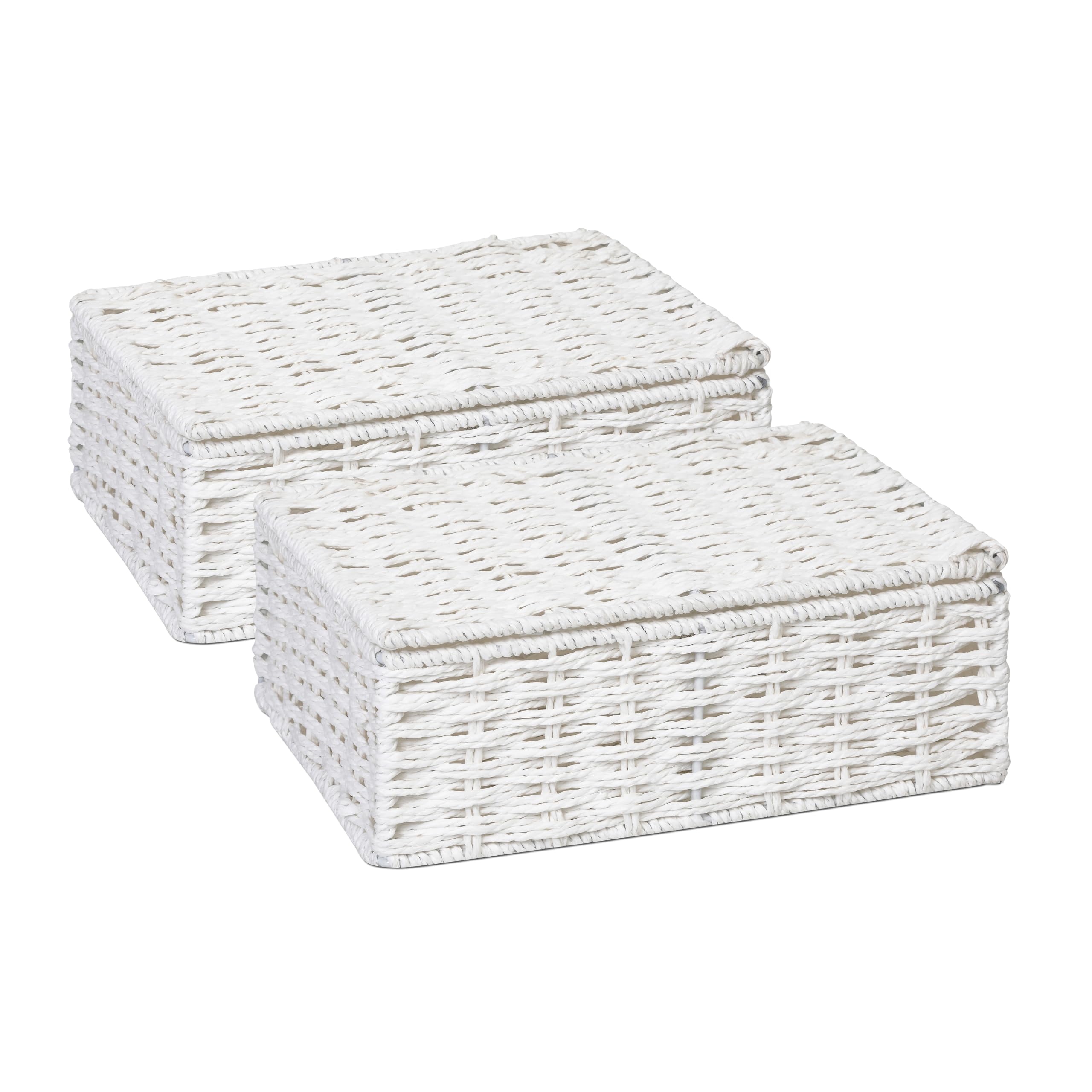 ARPAN White Paper Rope Storage Basket with Lid & Insert Handles, Woven Storage Hamper Organiser Box for Bedroom, Bathroom, Nursery, Living Room & Home Storage (2, Small)